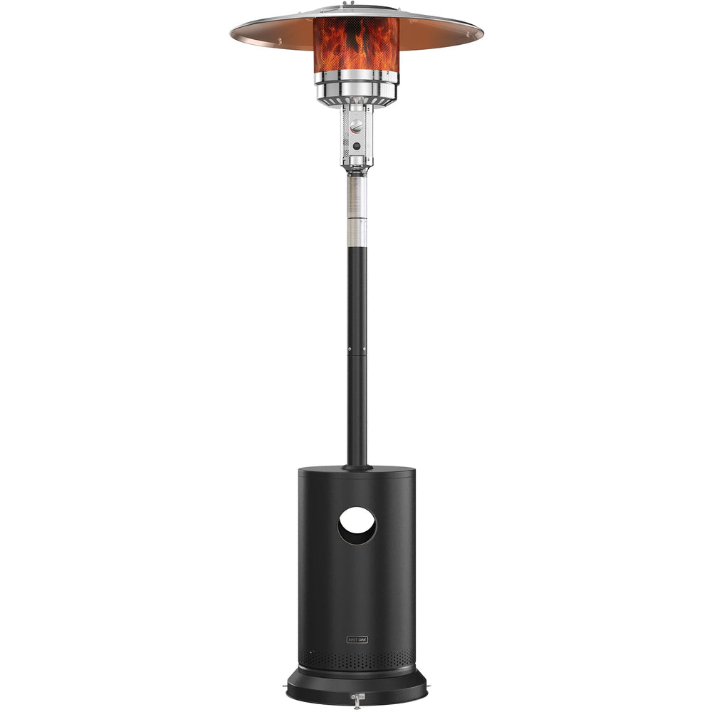 EAST OAK front view of patio heater showing full unit and benefit of wide heat coverage