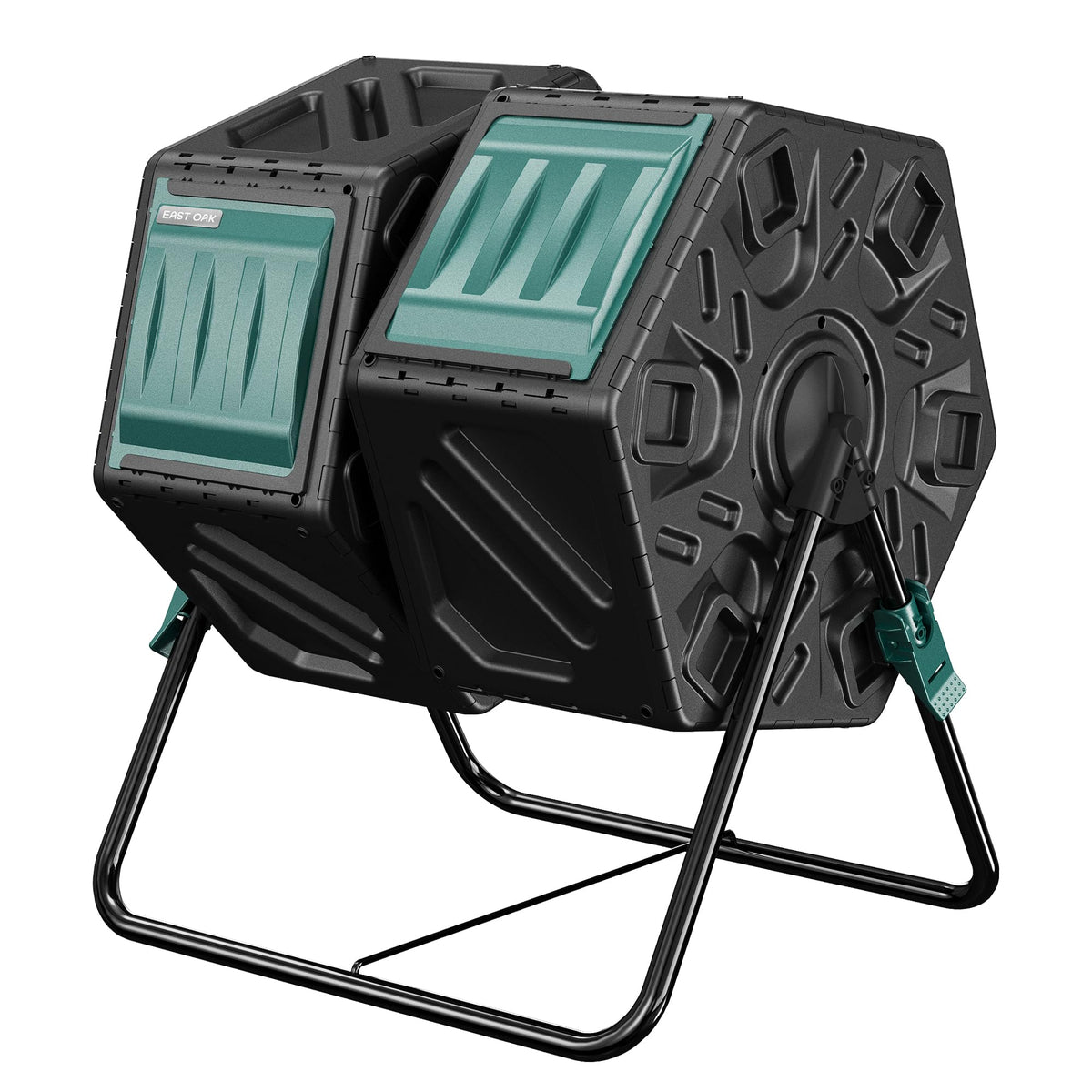 EAST OAK front view showing dual-chamber tumbler for easy composting