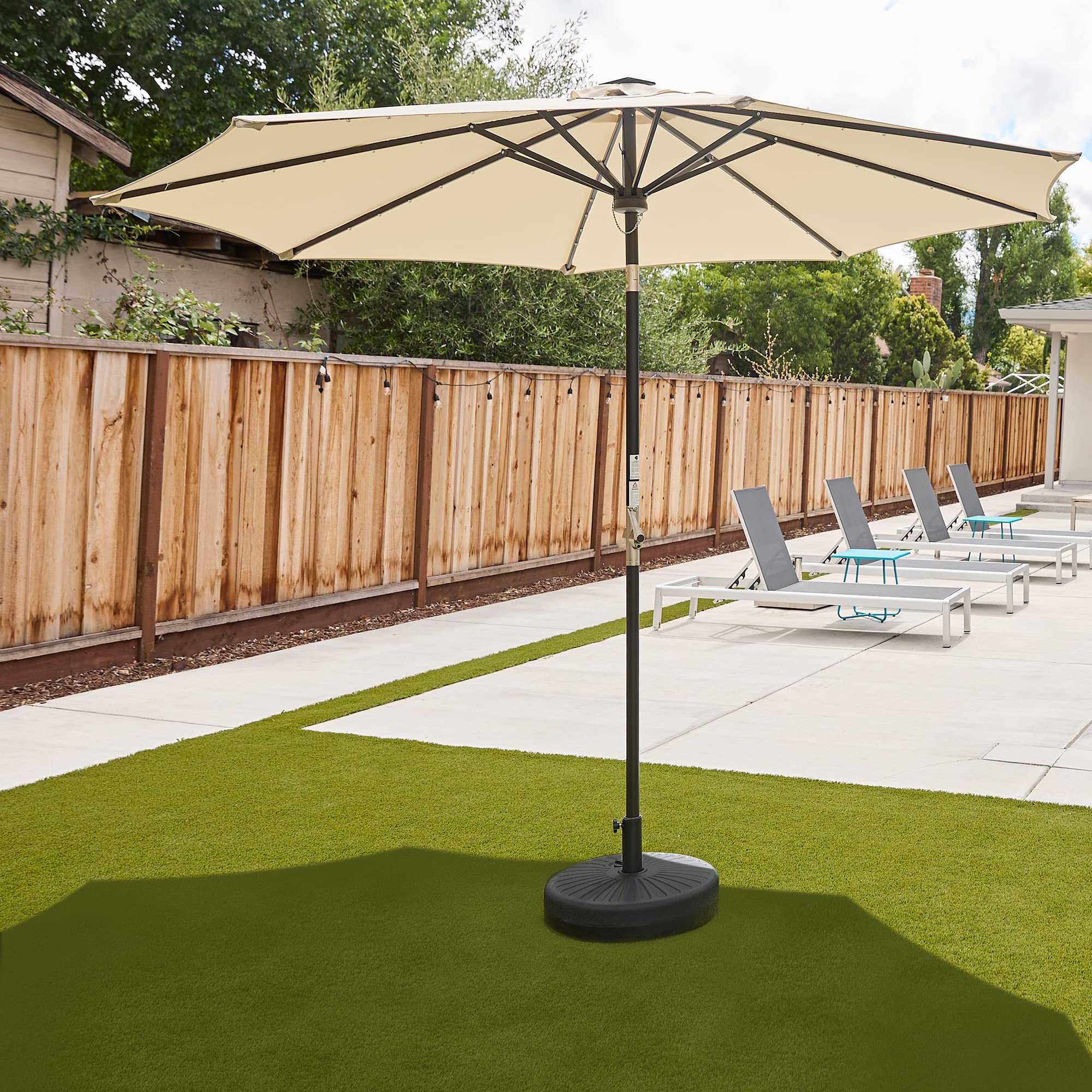 east oak front view of 9 ft umbrella showing full coverage and aesthetic appeal
