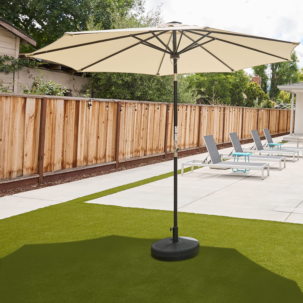 east oak front view of 9 ft umbrella showing full coverage and aesthetic appeal