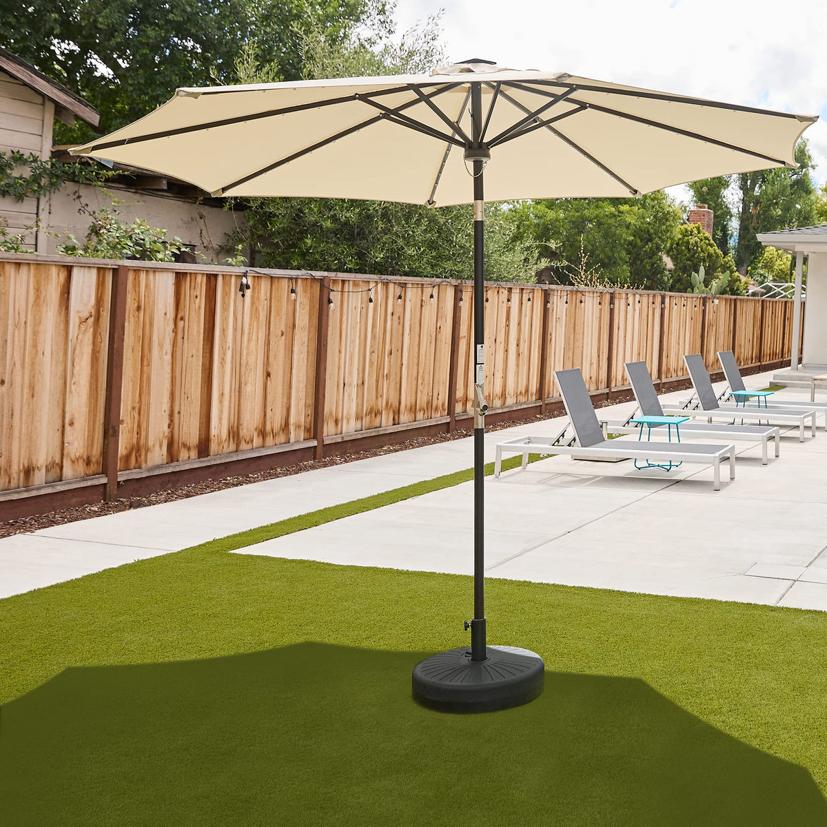 east oak front view of 9 ft umbrella showing full coverage and aesthetic appeal