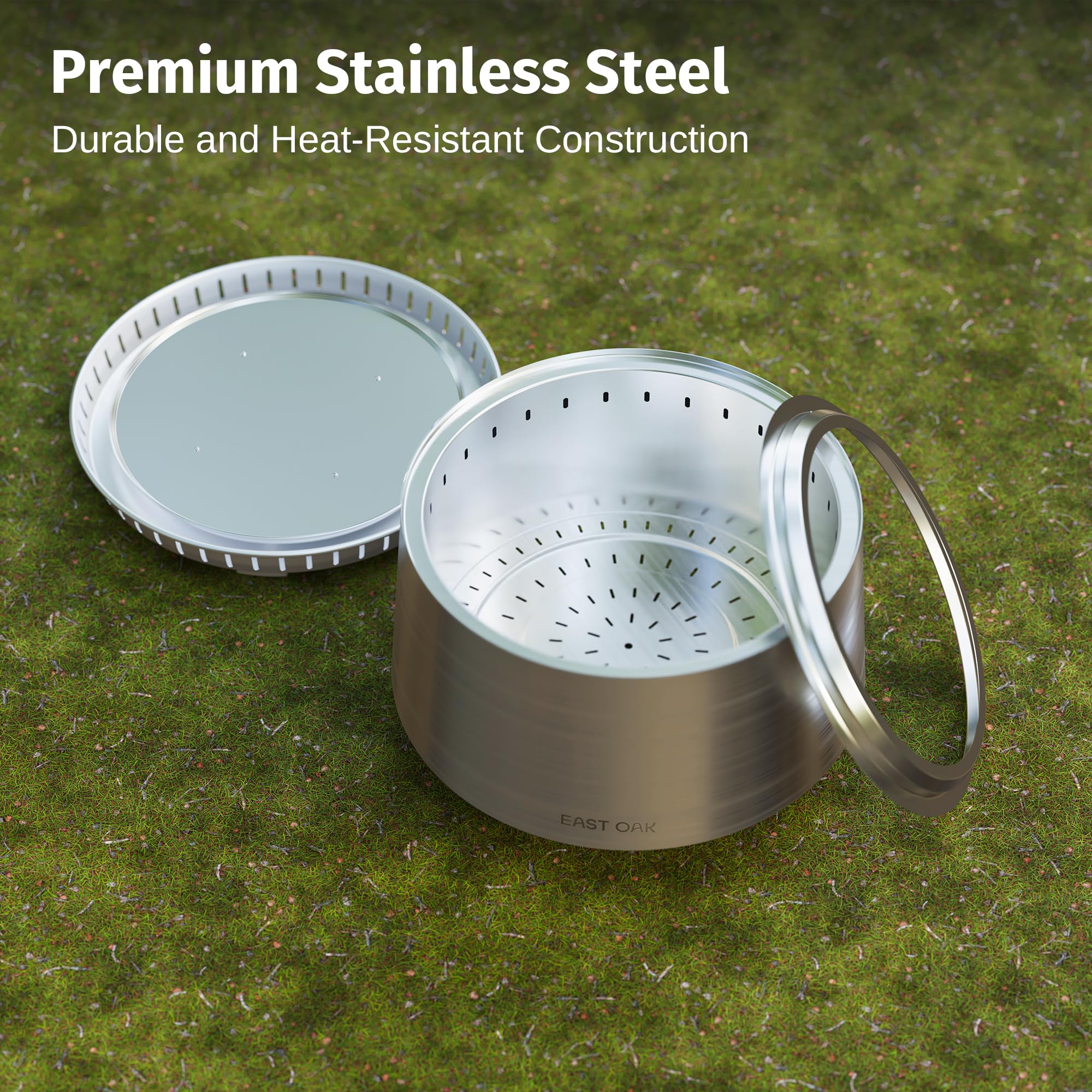EAST OAK Fuoco removable ash pan close-up for easy cleanup and reduced ash contact
