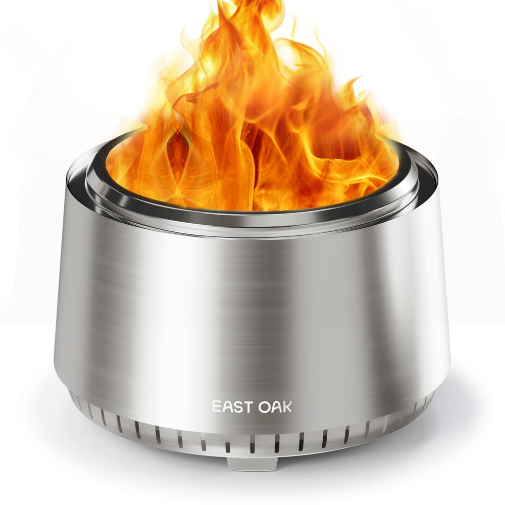 EAST OAK Fuoco front view showing sleek stainless steel finish and stable base, durable outdoor heating