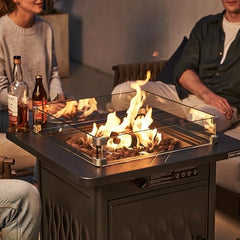 EAST OAK guard installed on fire pit table improving flame stability and ambiance