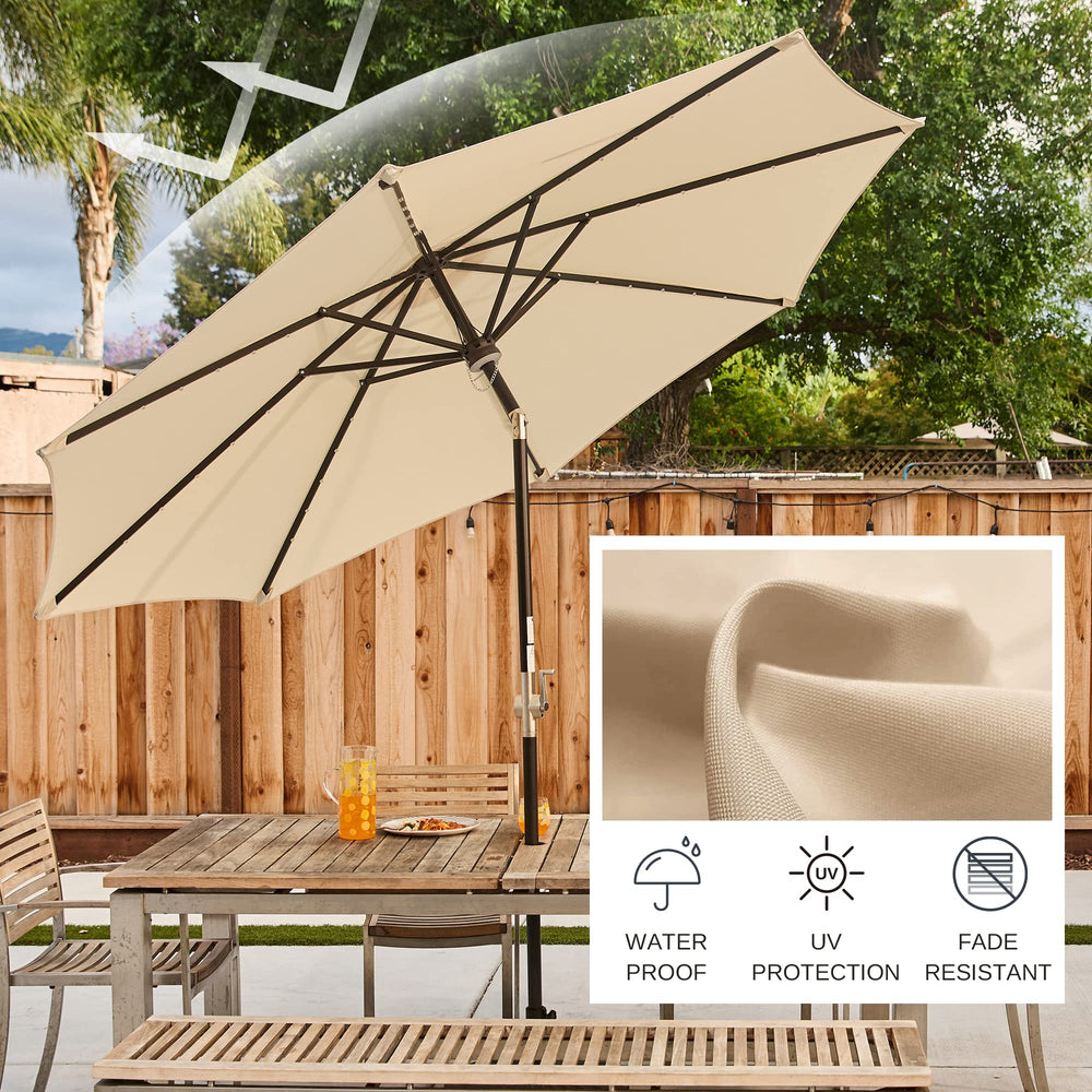 east oak lit LED lights under umbrella demonstrating bright solar-powered ambiance