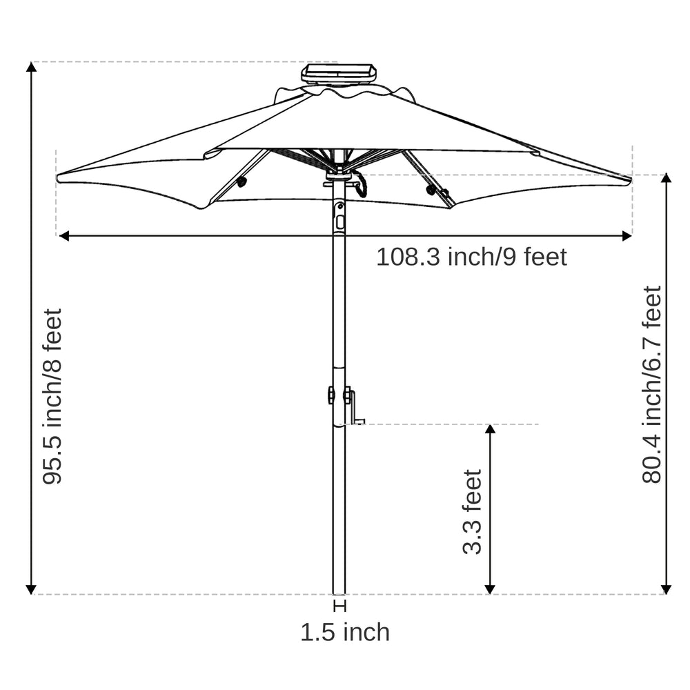 east oak umbrella scale with table showing generous shade coverage for dining