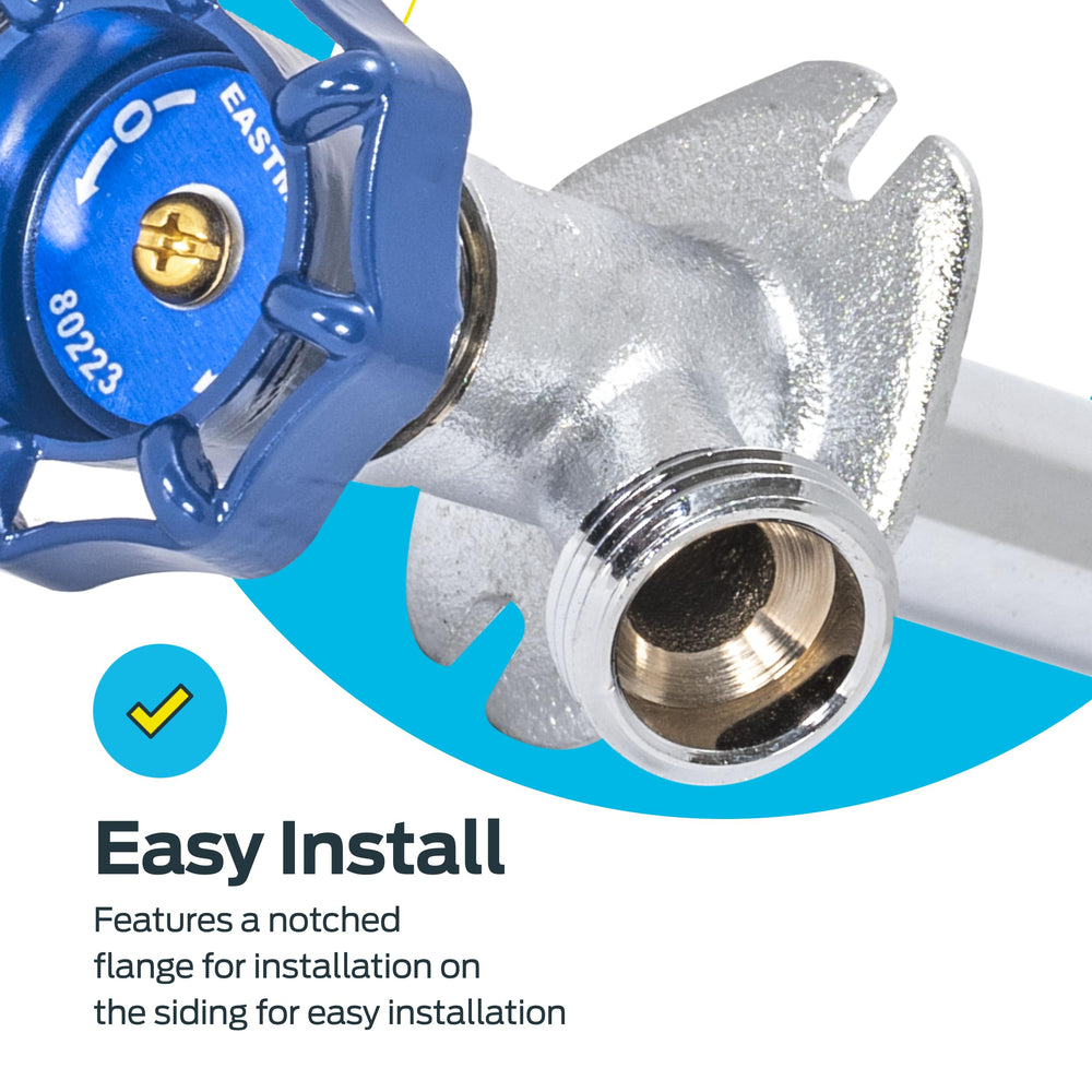 Eastman sillcock installed on siding with notched flange for stable mounting
