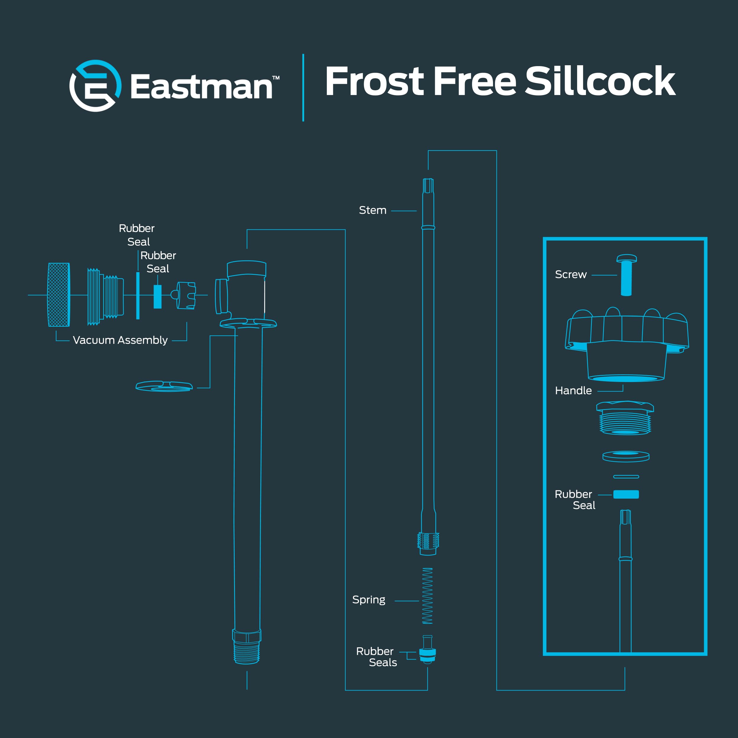 Eastman sillcock beside measuring tape showing 12-inch frost-free stem length