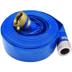 Eastrans front view of blue discharge hose showing length and fittings for easy connection