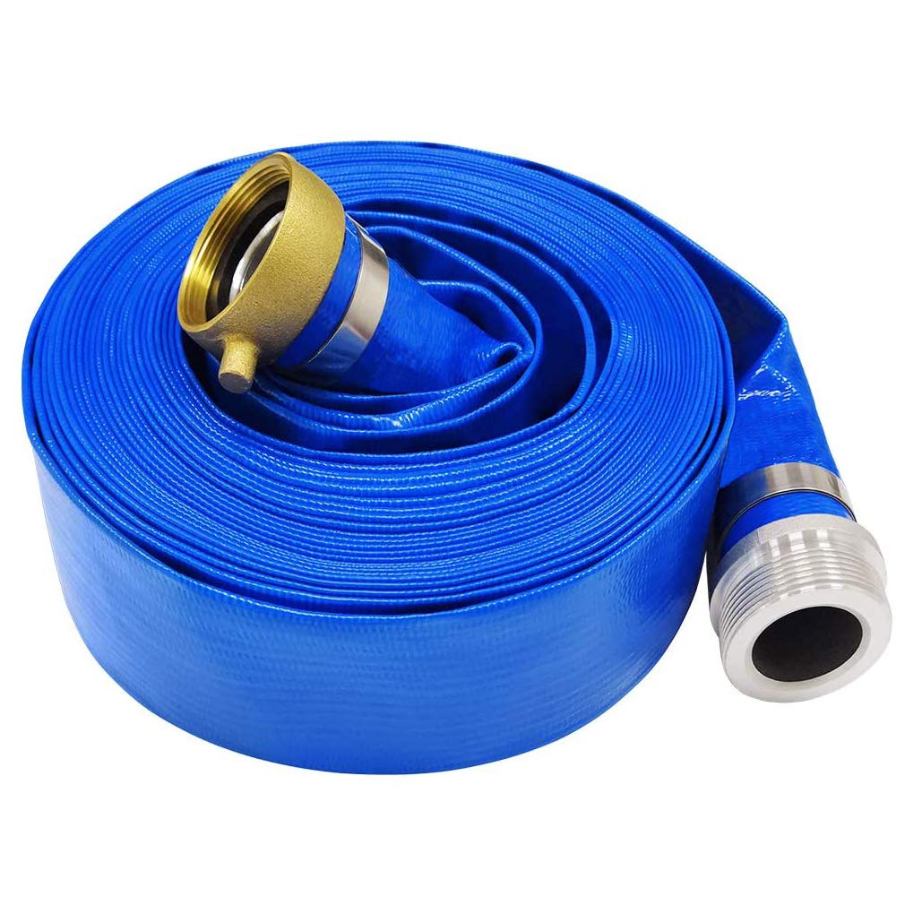 Eastrans front view of blue discharge hose showing full packaged length and connectors for quick setup
