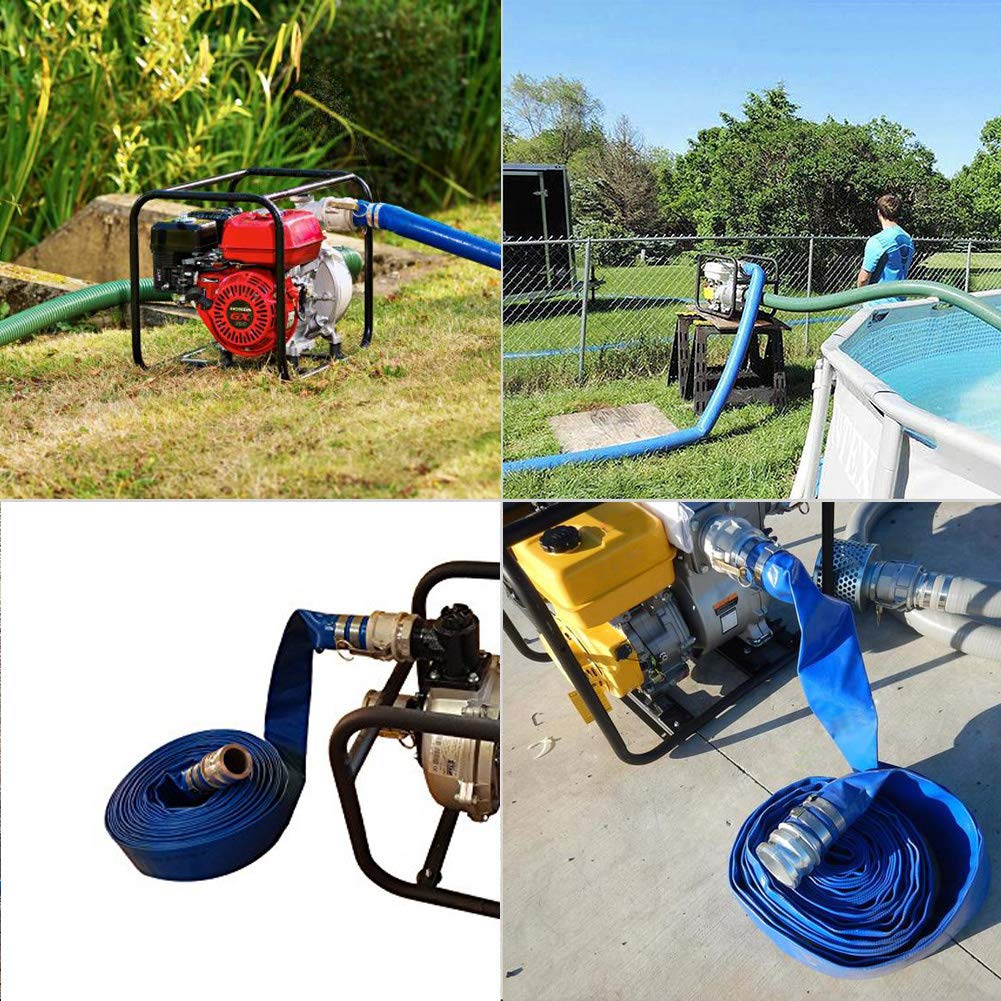 Eastrans hose alongside tape measure showing 50 foot length for long-reach drainage