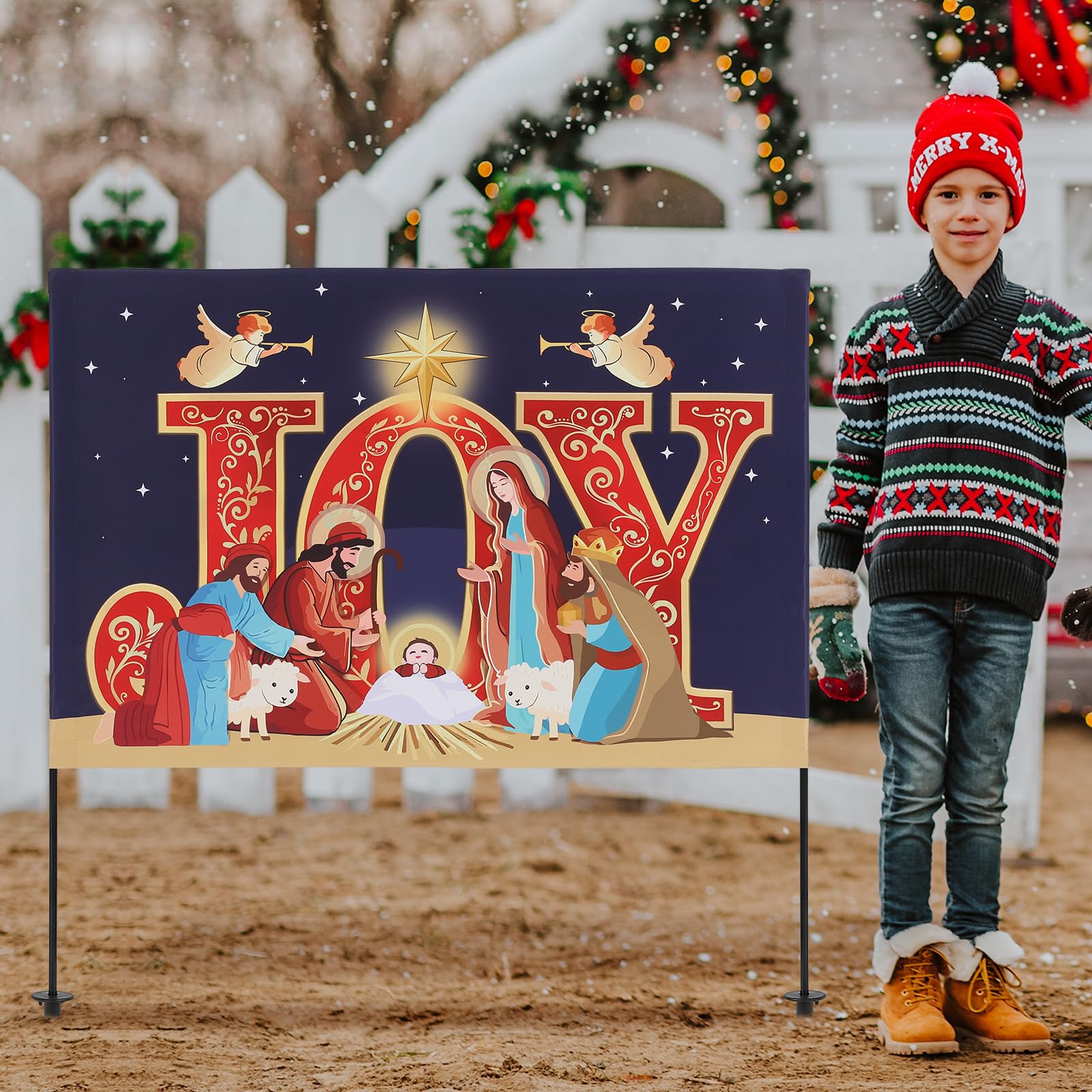 Eastsky front view of Joy nativity yard sign showing clear holiday message