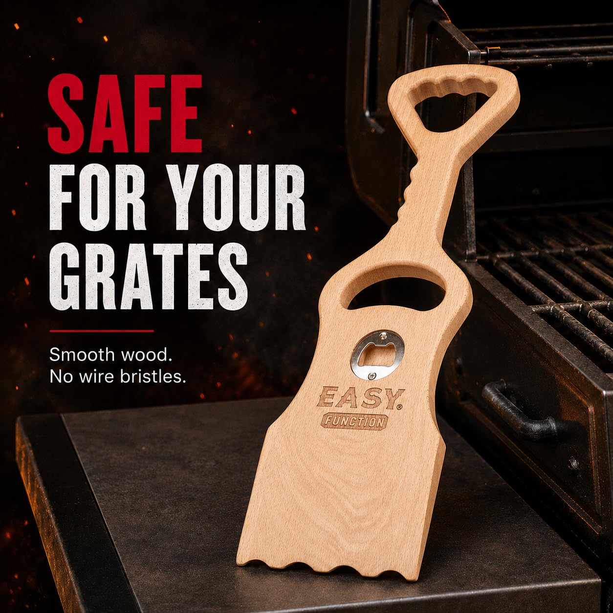 EASY FUNCTION wood scraper staged at backyard BBQ signaling safe, bristle-free grilling preparation
