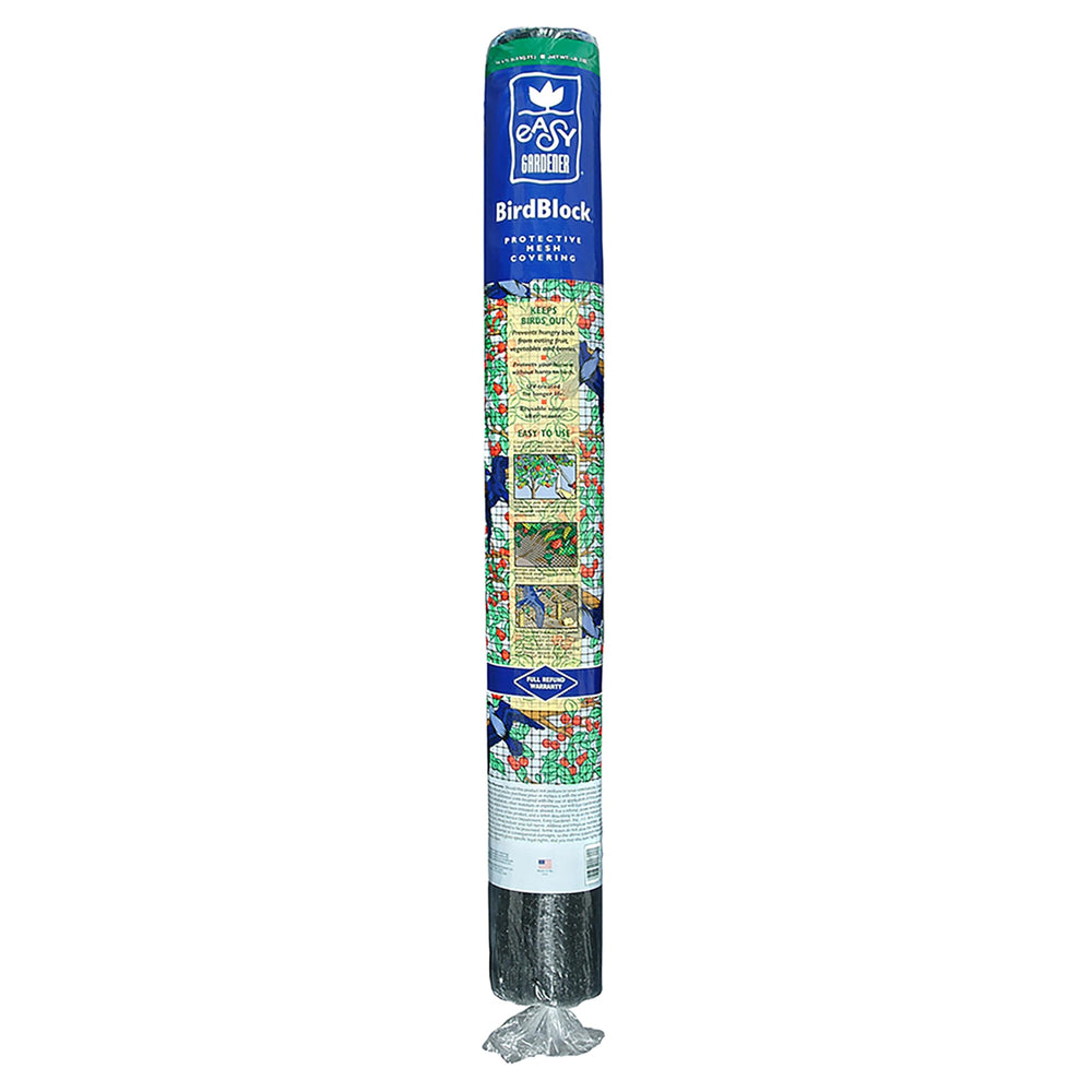 Easy Gardener BirdBlock front packaging showing net roll and size — protects harvest