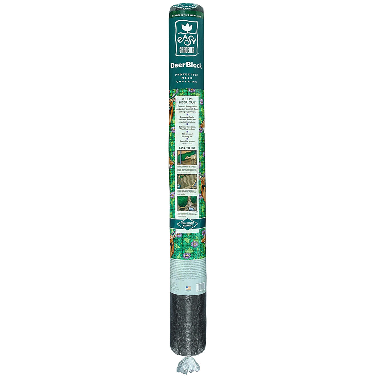 Easy Gardener DeerBlock front packaging showing roll and dimensions for garden protection