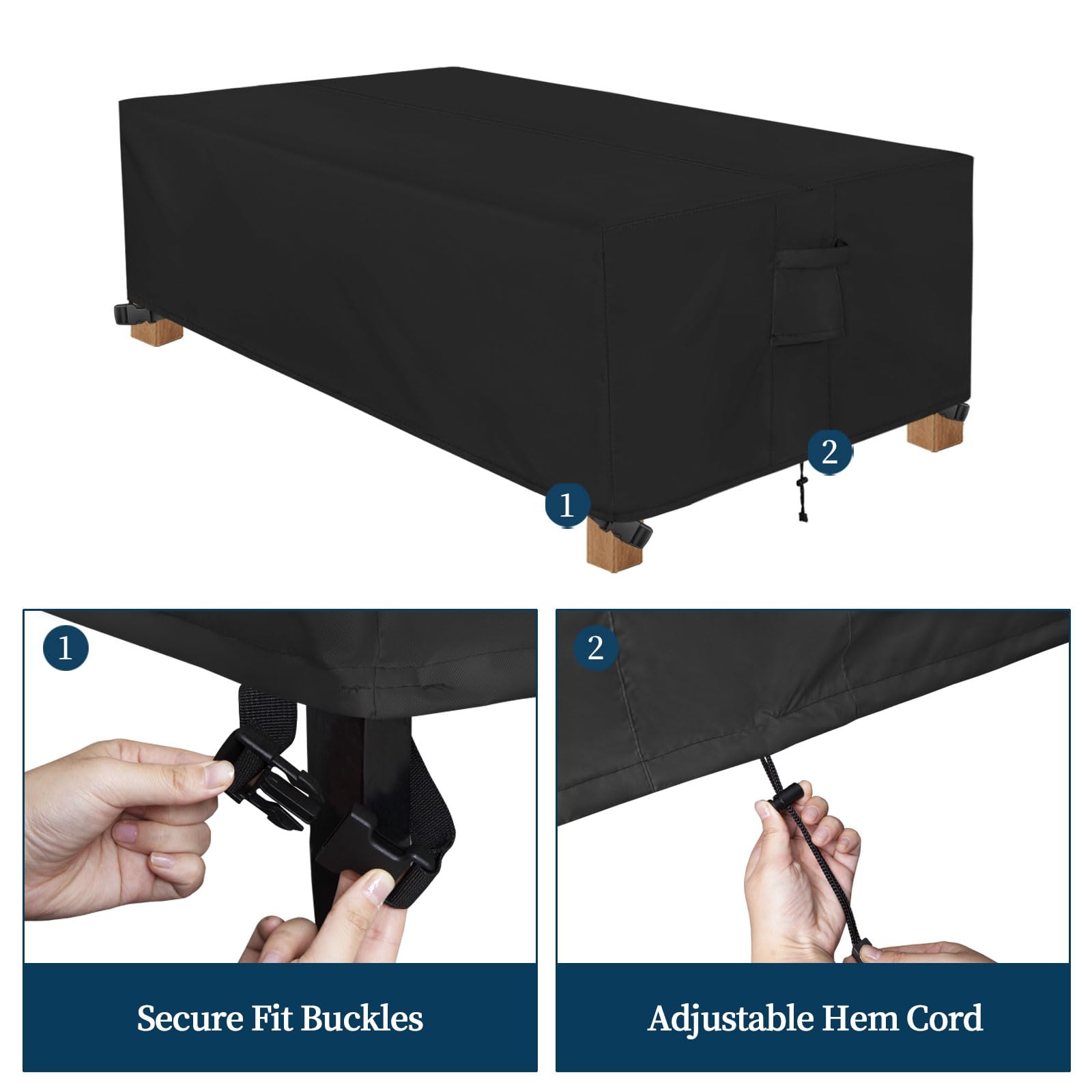 Easy-Going plastic buckles and hem cord closeup, secures cover tightly in windy conditions