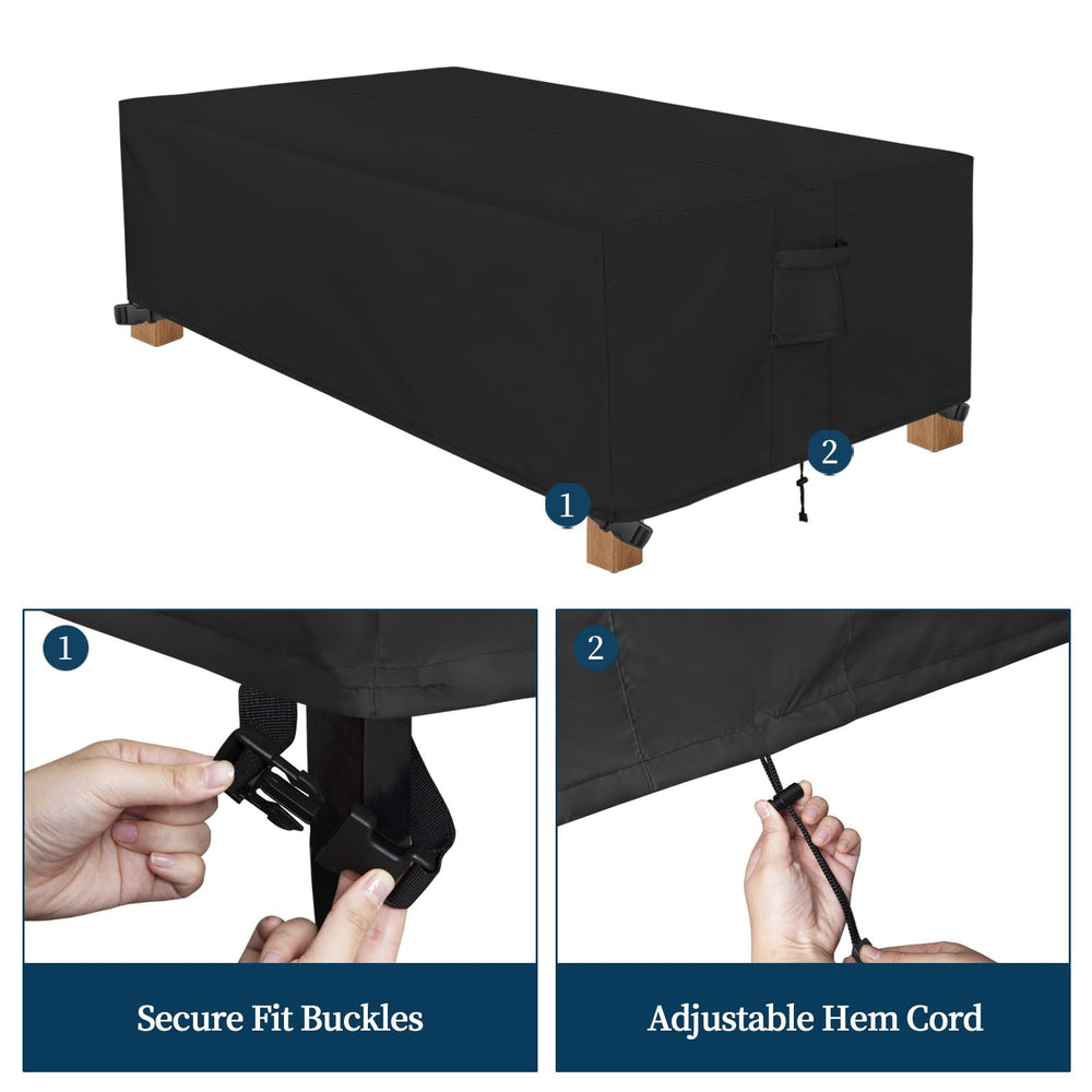 Easy-Going plastic buckles and hem cord closeup, secures cover tightly in windy conditions