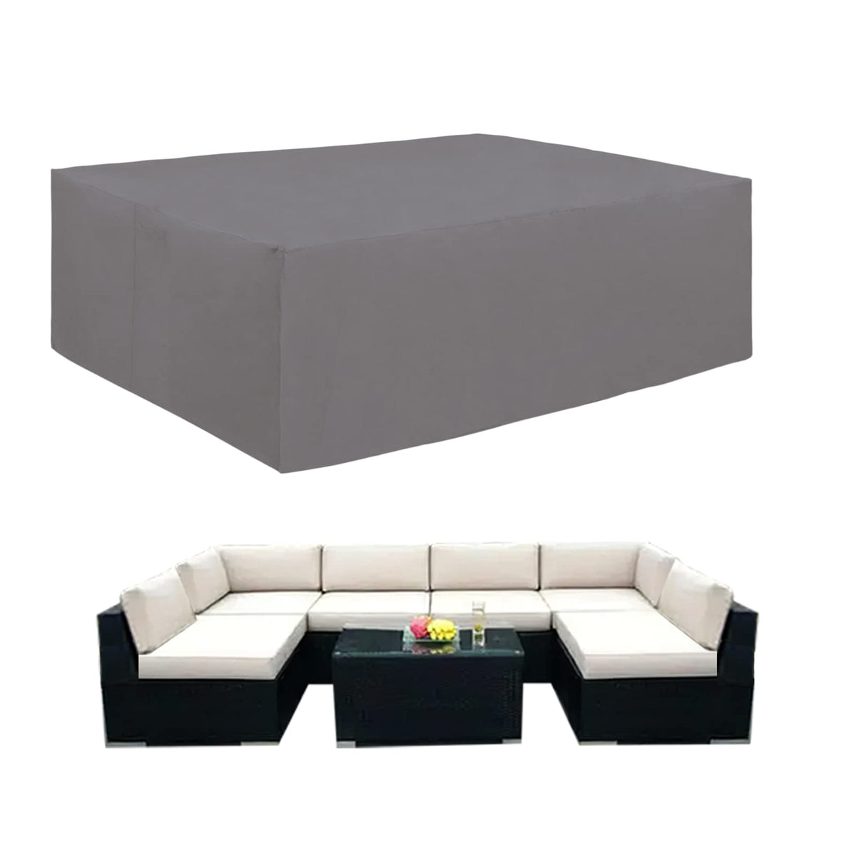 Easy-Going front view of full rectangular cover protecting patio set, shows weather protection