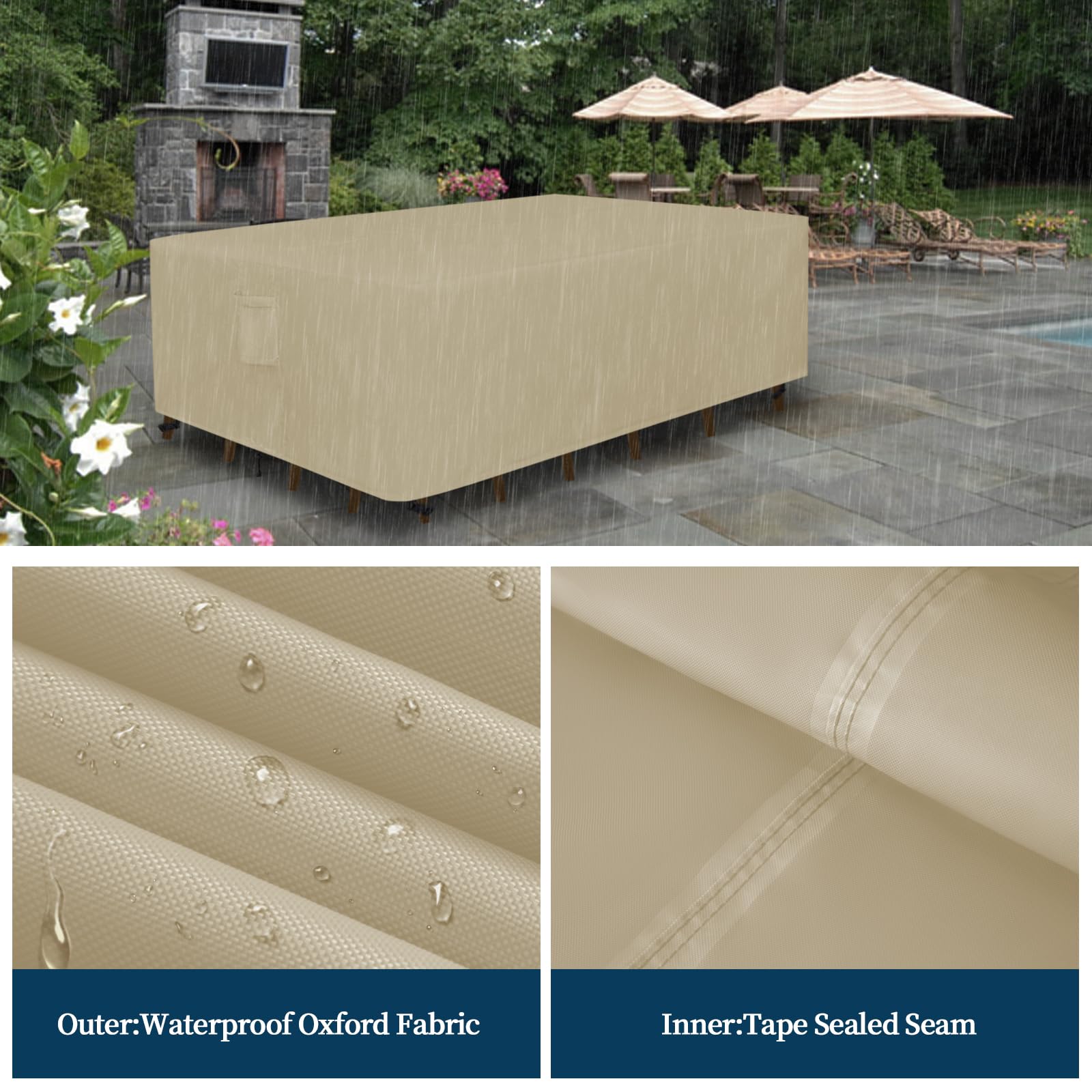 Easy-Going covered dining set on patio, illustrates weather protection and aesthetic benefit