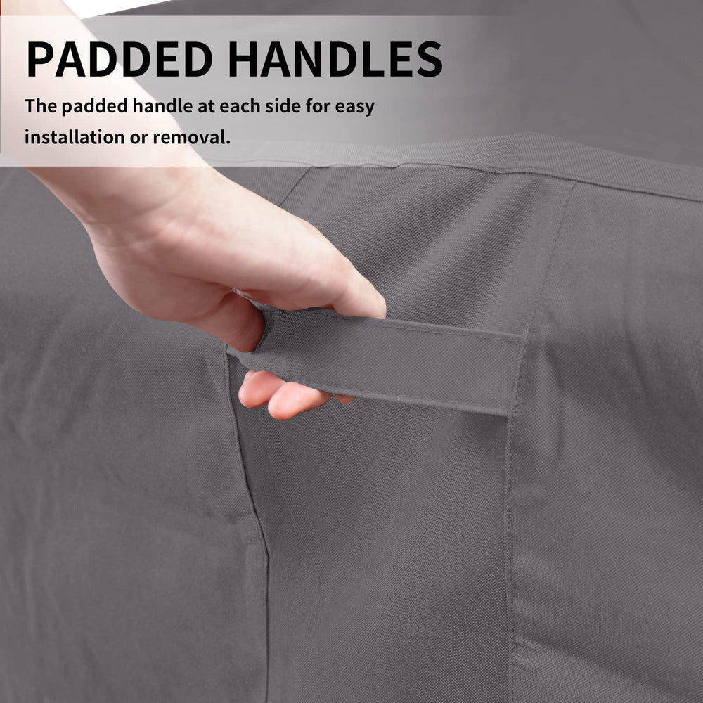 Easy-Going cover on patio with furniture, illustrates year-round outdoor protection