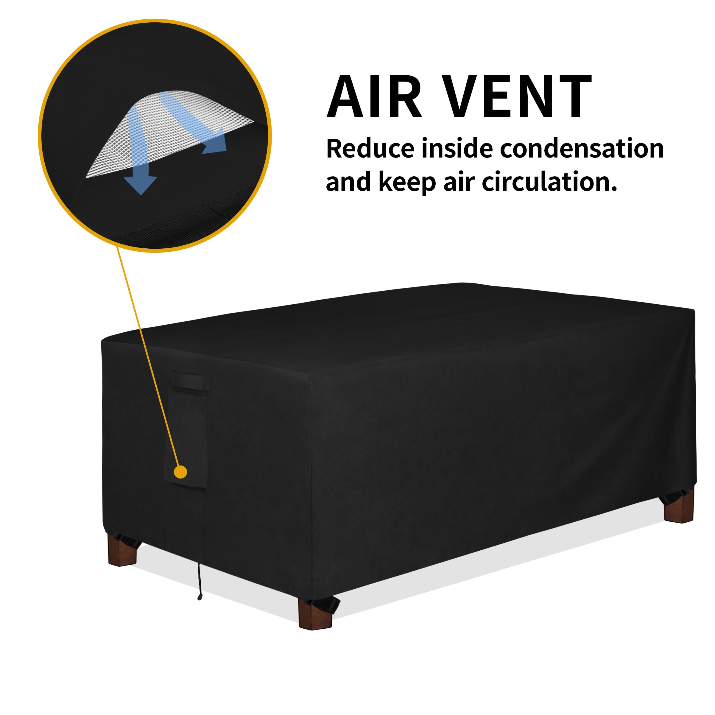 Easy-Going cover on table showing size scale, fits up to 72x44x23 benefit