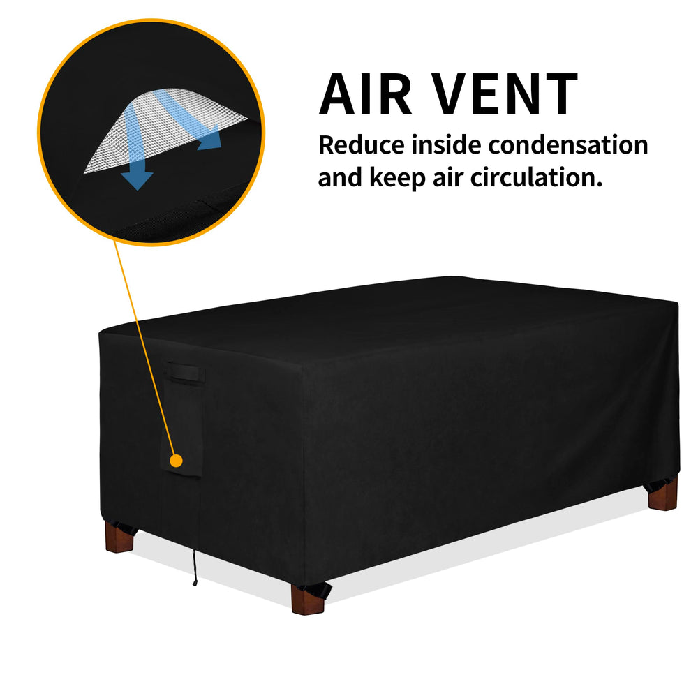 Easy-Going cover on table showing size scale, fits up to 72x44x23 benefit