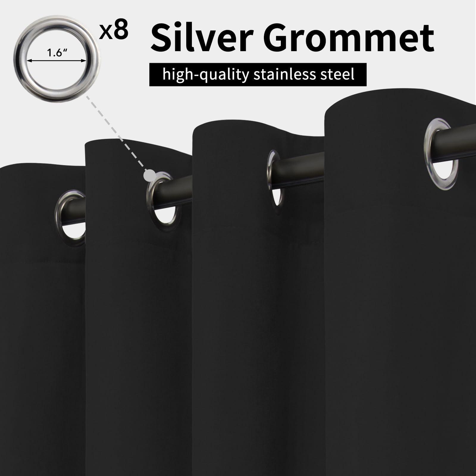Easy-Going stainless steel grommets close-up for easy hanging and smooth sliding