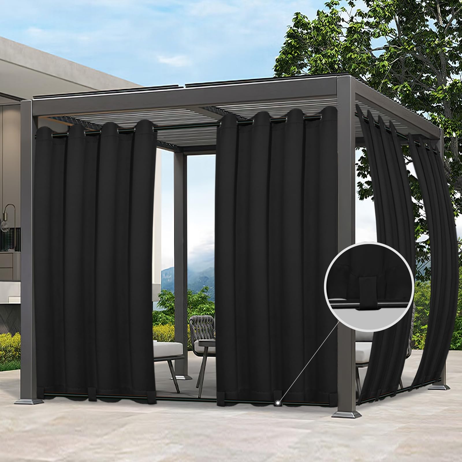 Easy-Going front view of black 54x84 outdoor curtains showing neat hang and coverage