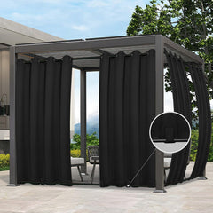 Easy-Going front view of black 54x84 outdoor curtains showing neat hang and coverage