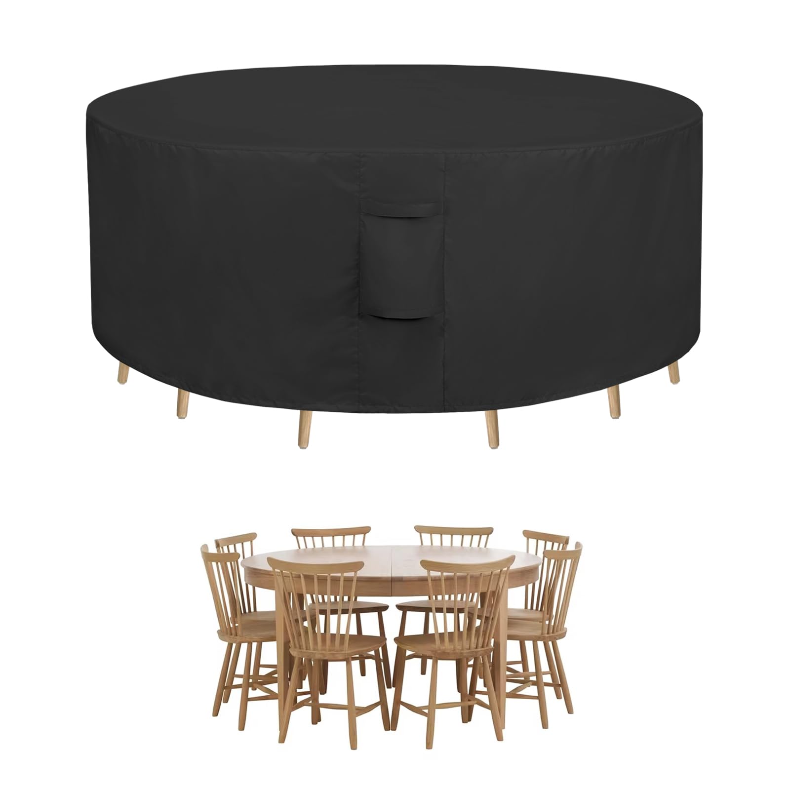 Easy-Going cover on round table showing full coverage and protection