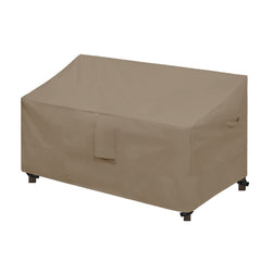 Easy-Going front view of camel cover protecting loveseat, shows full coverage benefit