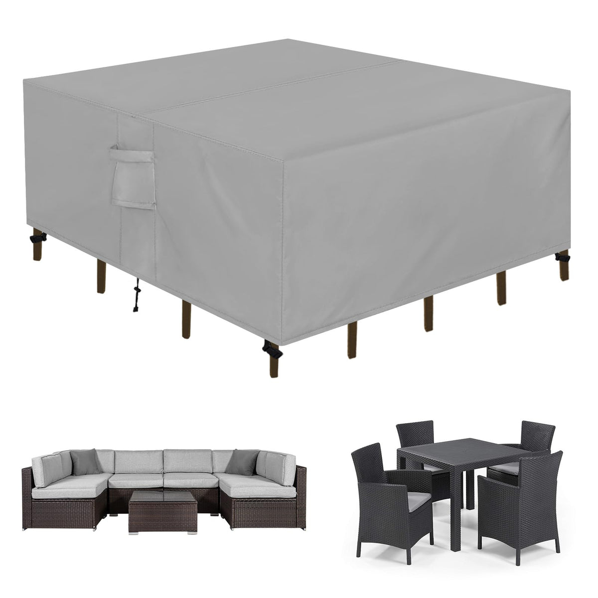 Easy-Going front view full cover protecting a square outdoor sectional, shows full coverage benefit