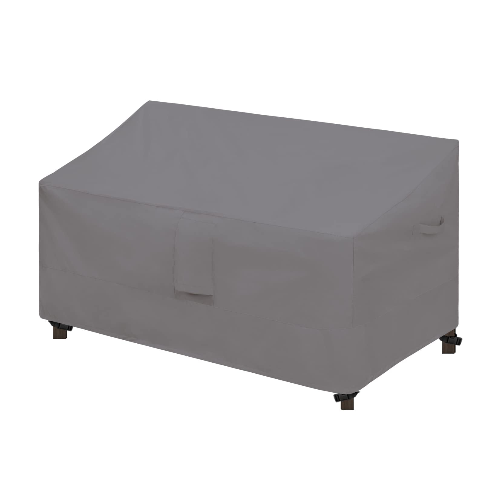 Easy-Going front view of grey loveseat cover protecting furniture from rain