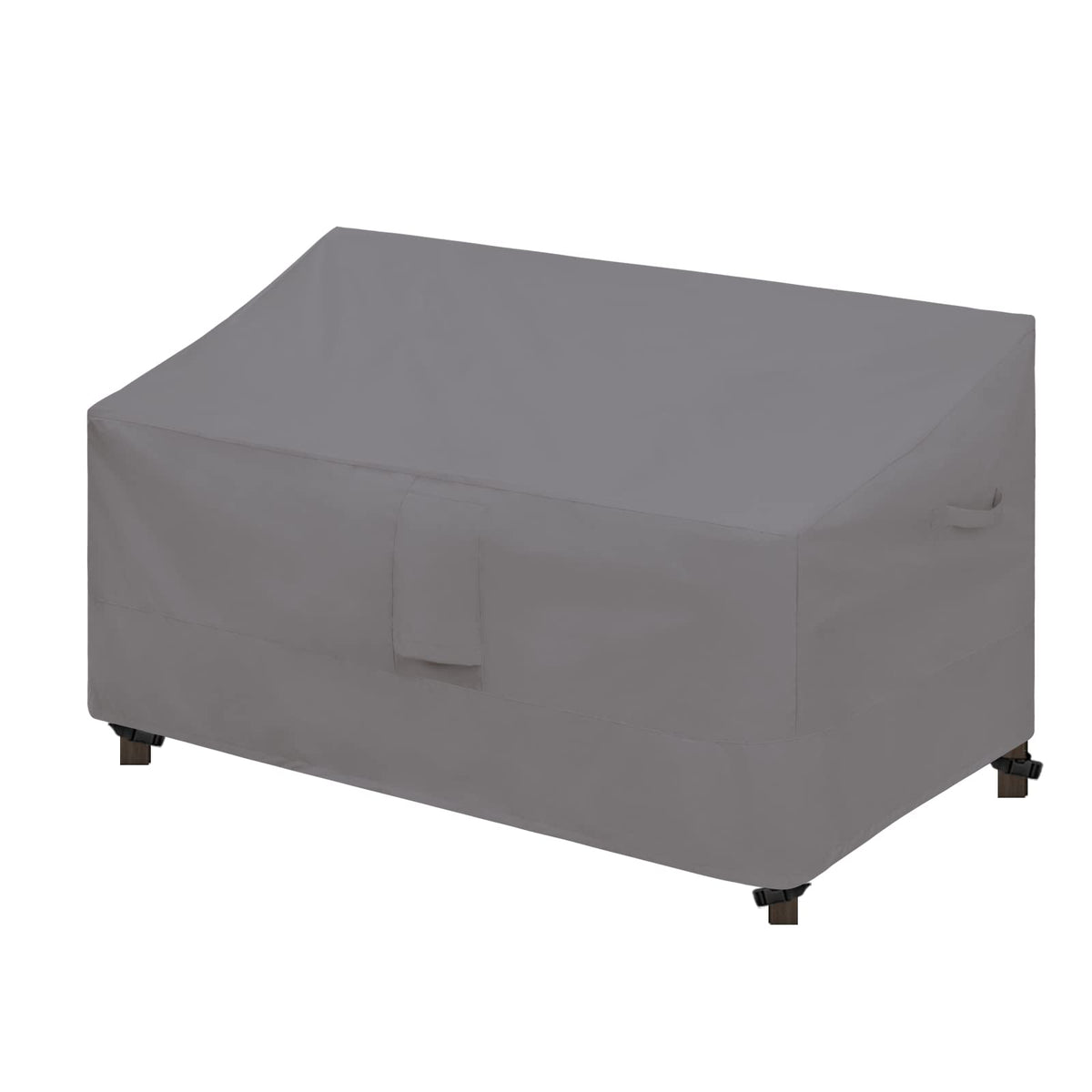 Easy-Going front view of grey loveseat cover protecting furniture from rain