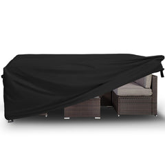 Easy-Going front view of rectangle cover protecting patio set, keeps furniture dry
