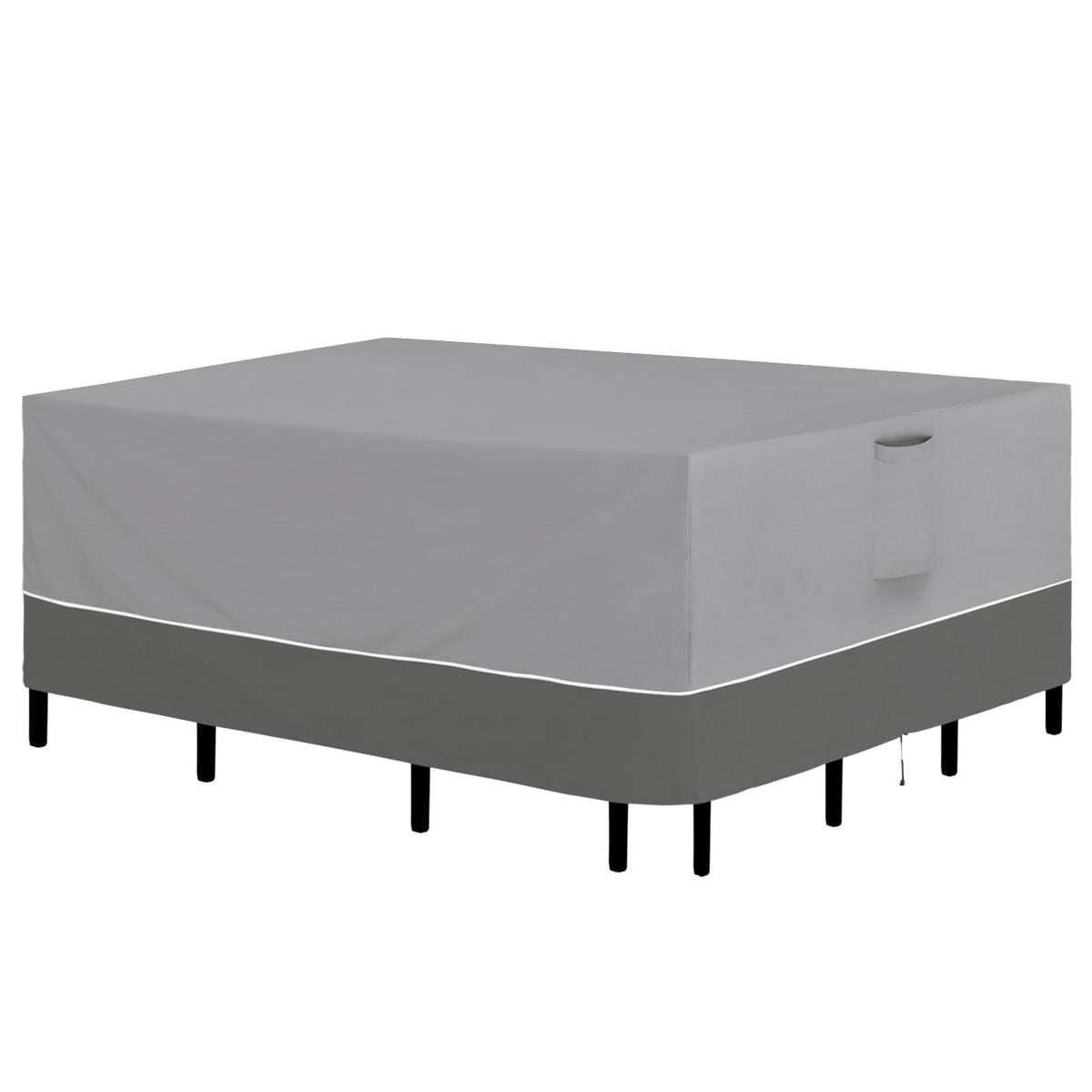 Easy-Going front view of cover on rectangular table set protects from rain