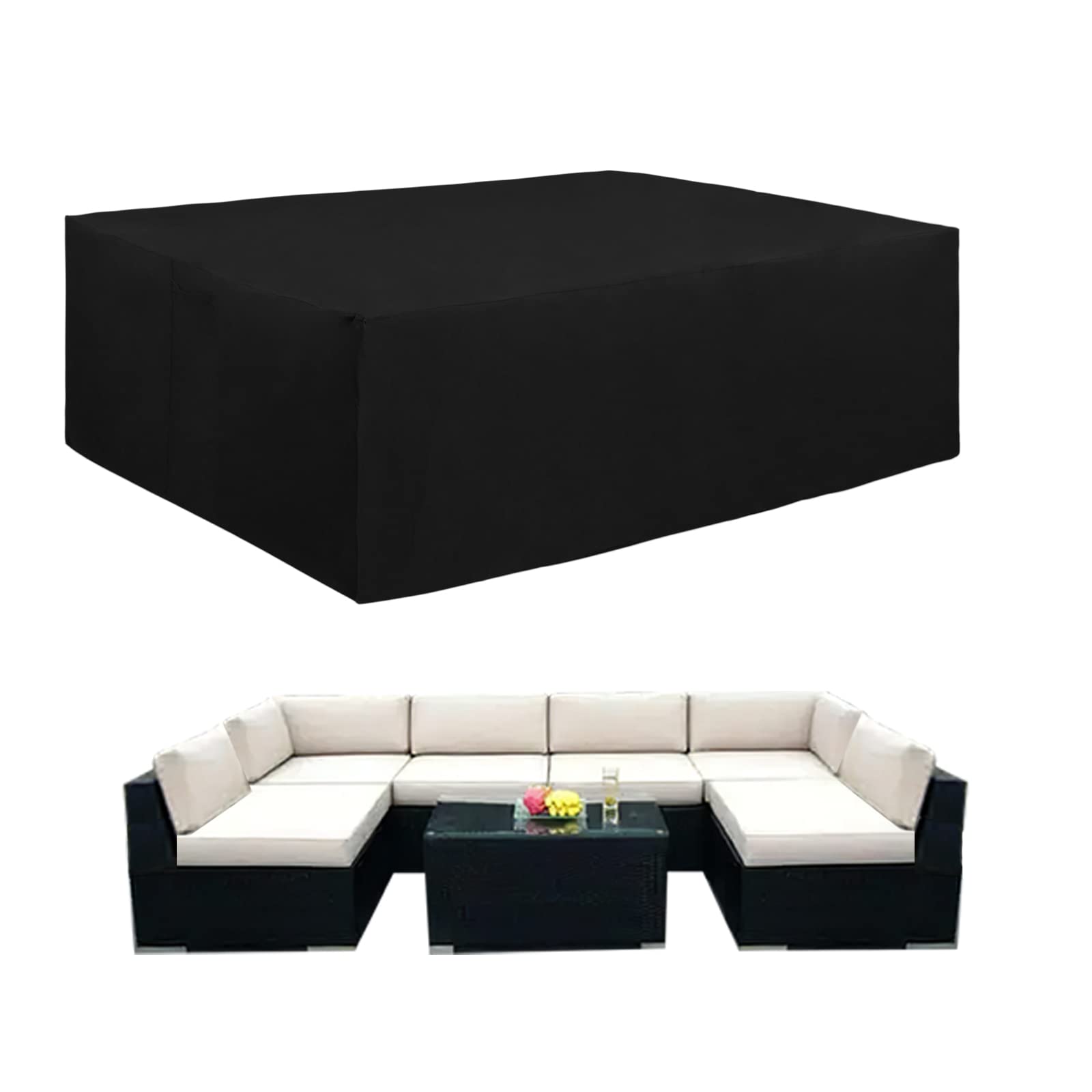 Easy-Going front view of rectangular cover protecting table set, shows full fit