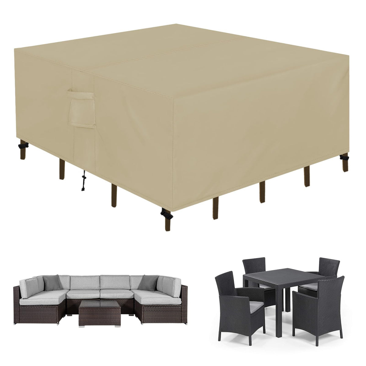 Easy-Going front view of square patio cover protecting furniture and repelling water