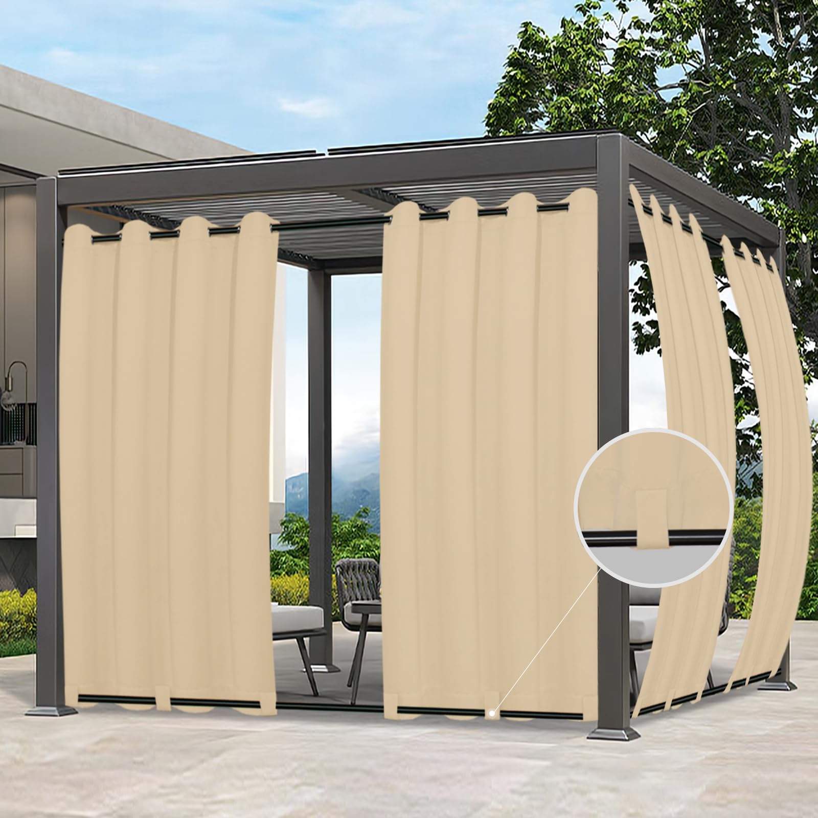 Easy-Going front view of two beige panels creating shaded patio privacy