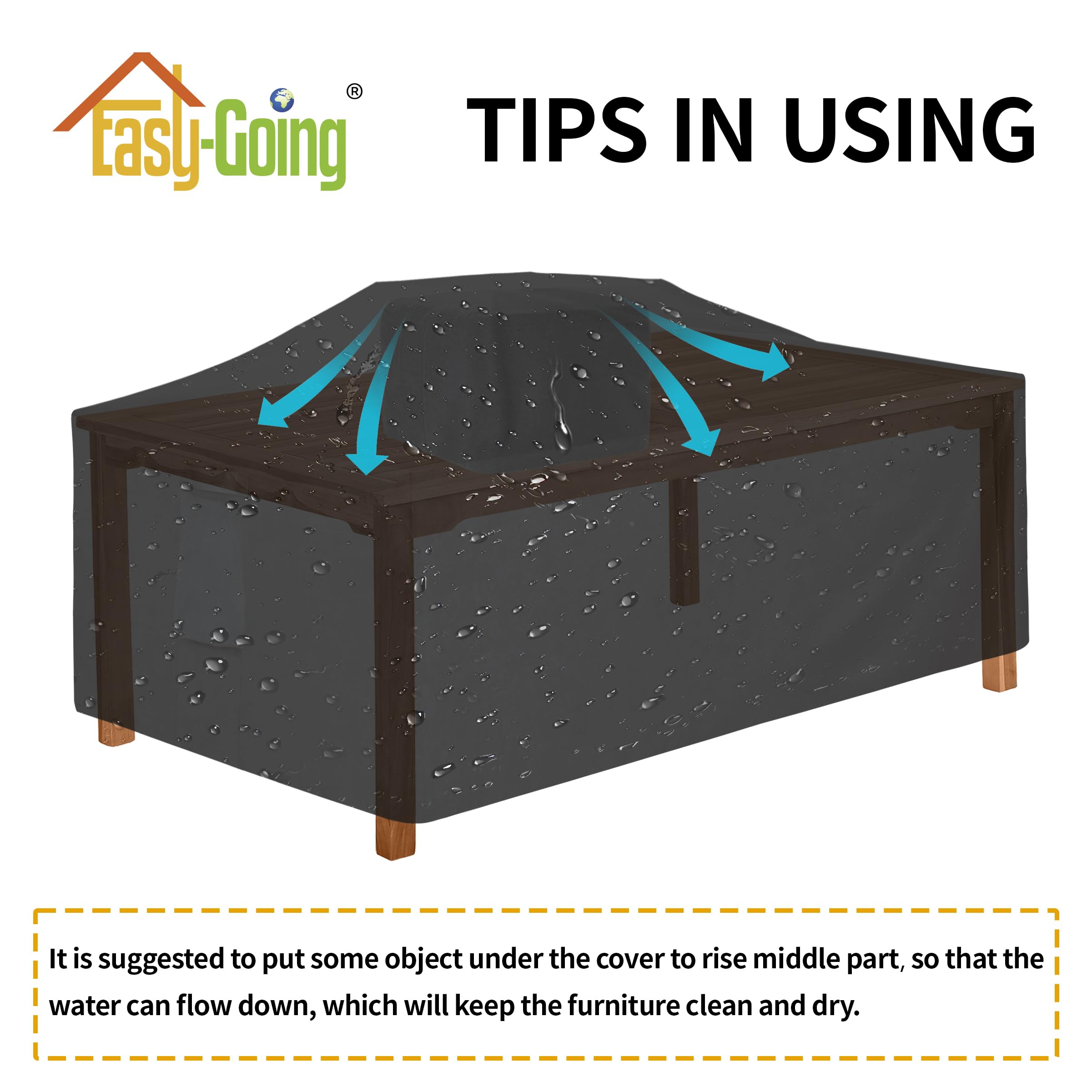 Easy-Going covered dining table in backyard patio lifestyle, keeps furniture clean benefit