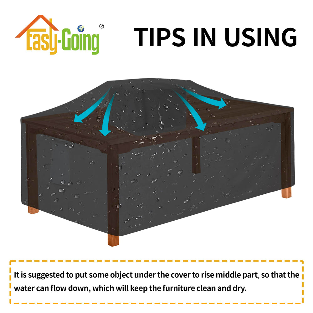 Easy-Going covered dining table in backyard patio lifestyle, keeps furniture clean benefit