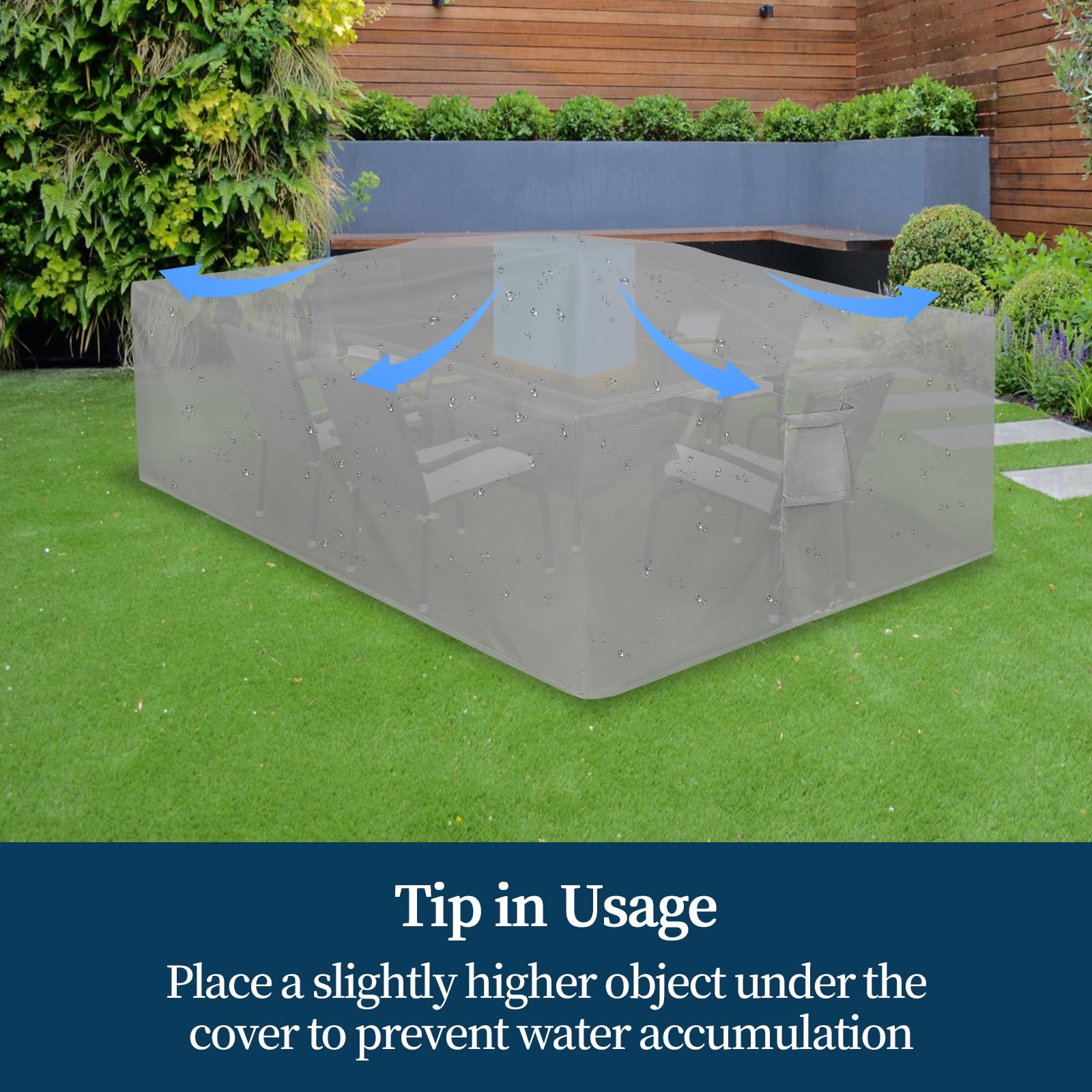 Easy-Going cover in patio lifestyle scene protecting furniture and keeping patio neat benefit