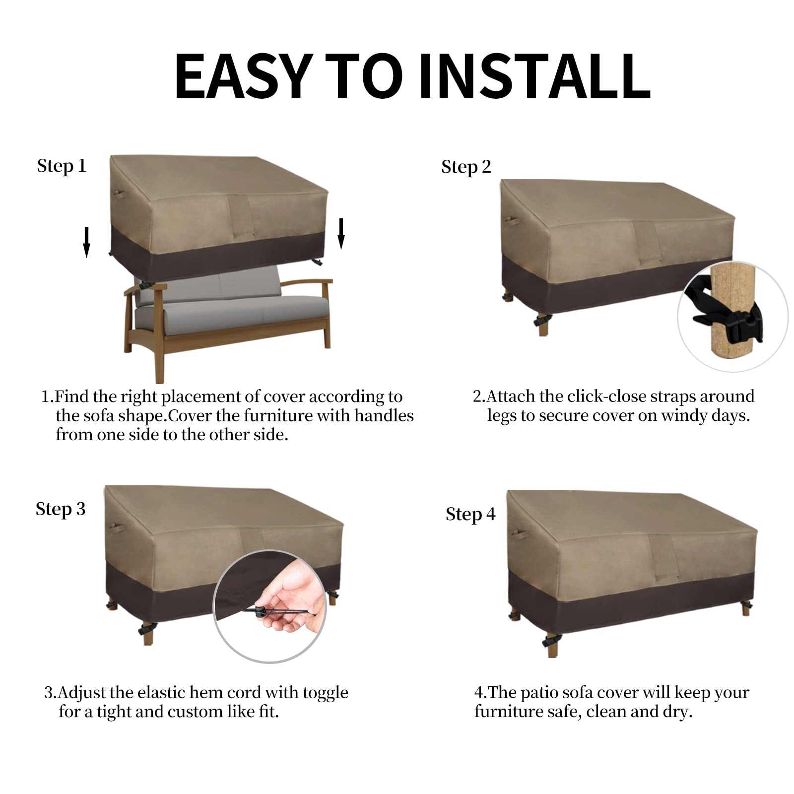 Easy-Going cover on patio loveseat demonstrating outdoor protection and neat appearance