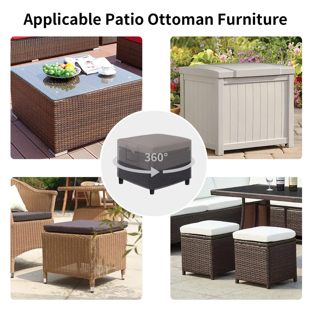 Easy-Going cover fitted on patio ottoman, demonstrates outdoor protection