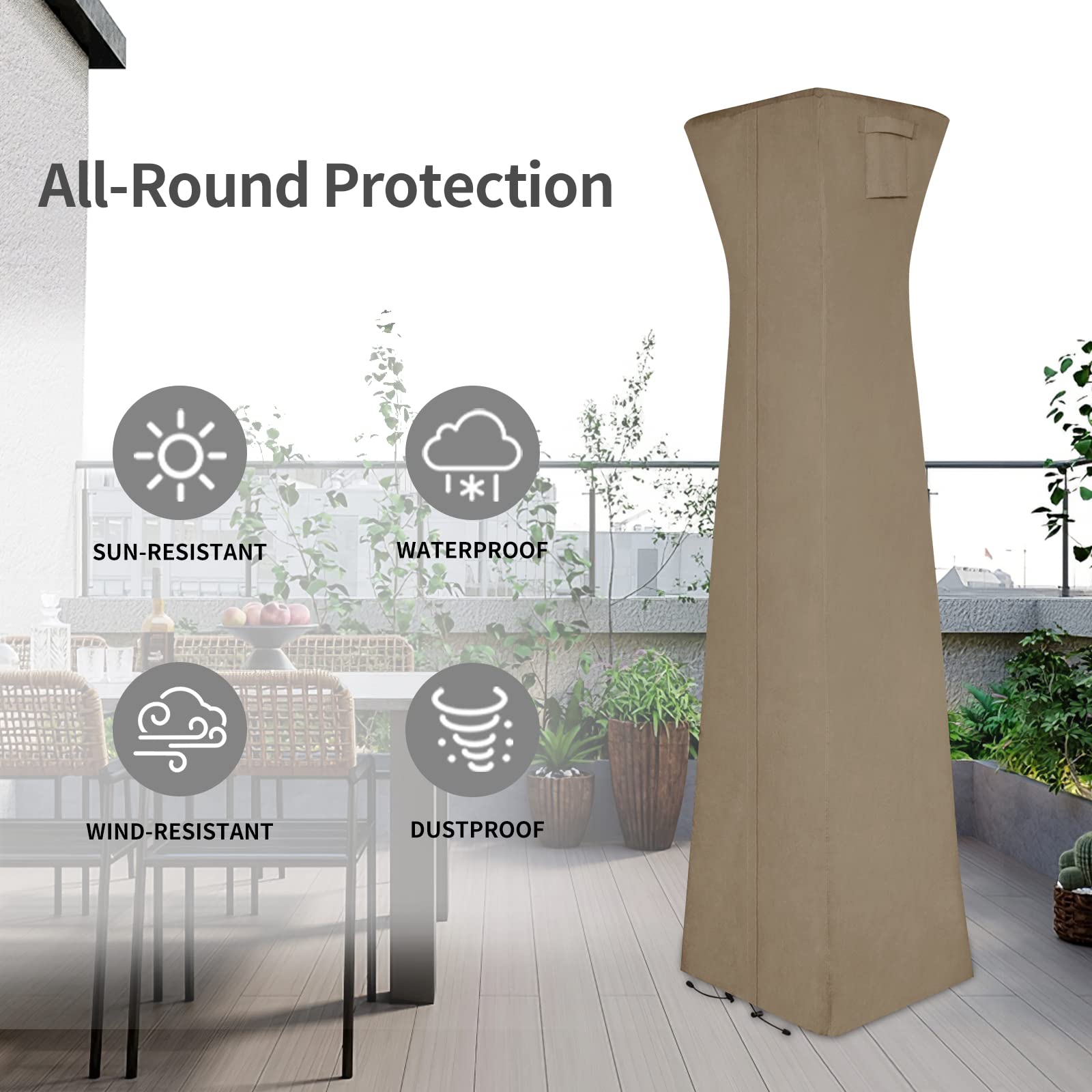 Easy-Going cover beside measuring tape illustrating 90 inch height fit