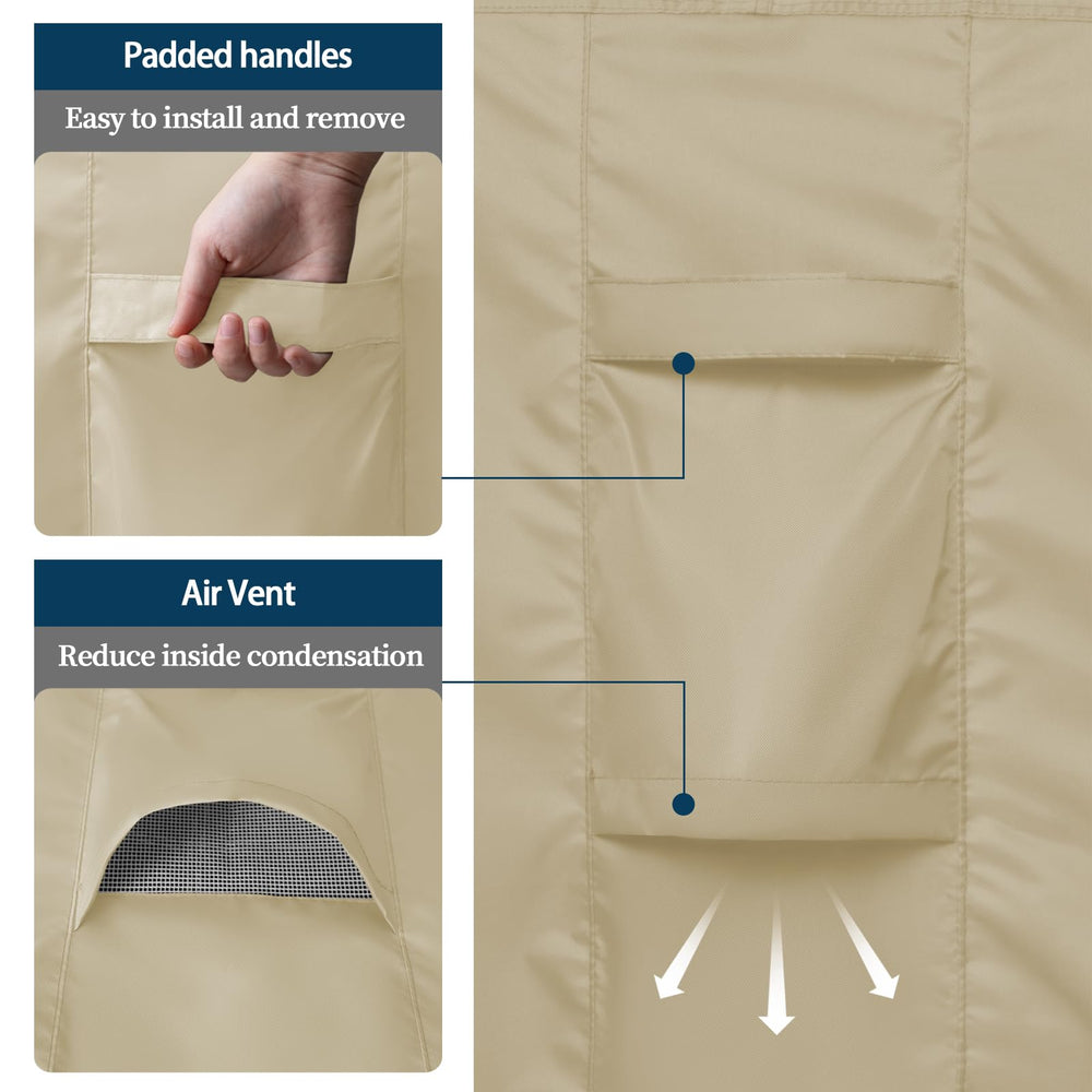 Easy-Going cover shown next to a chair for scale, helps visualize fit for patio furniture benefit