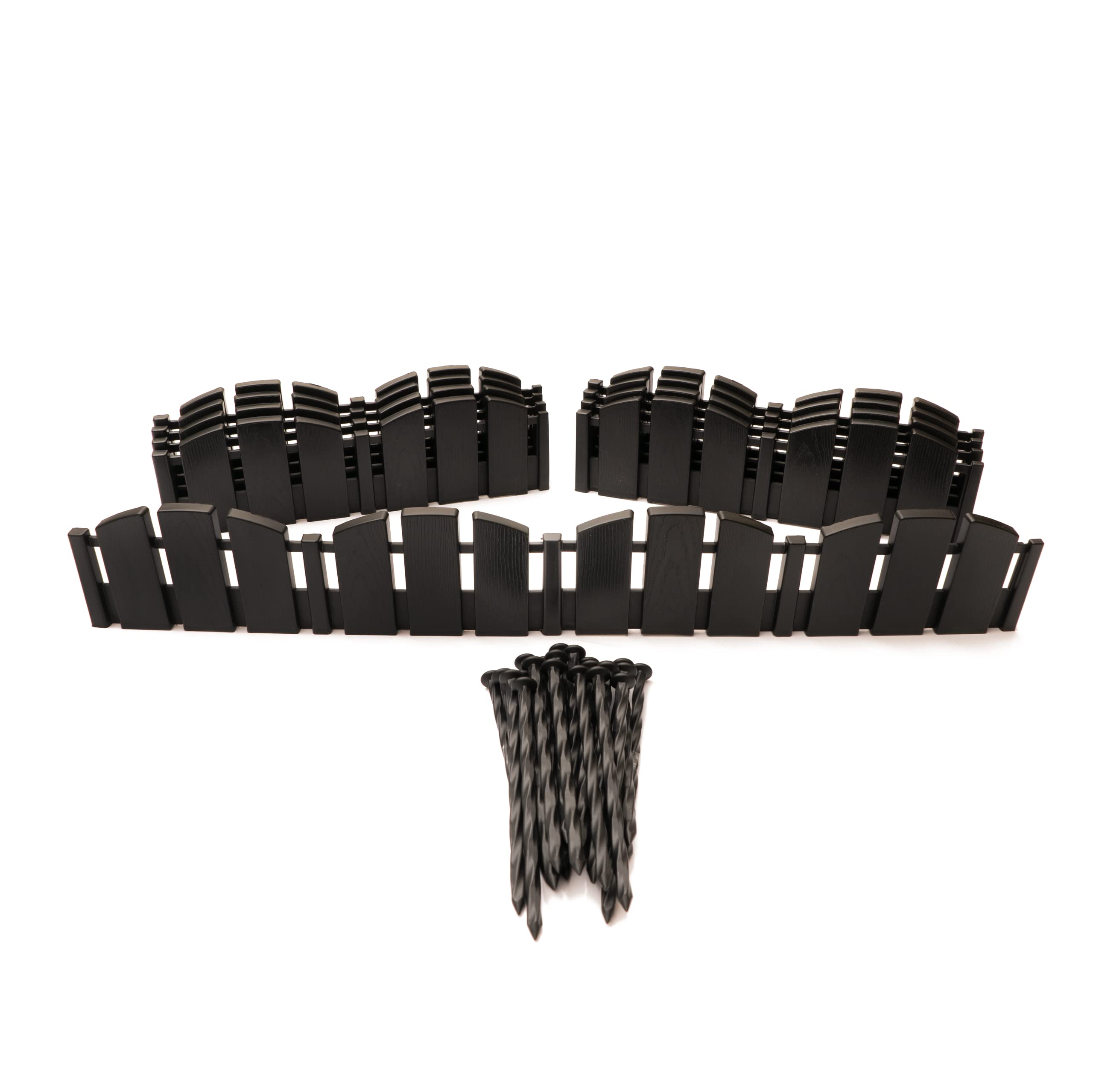 EasyFlex front view of black Adirondack edging kit showing panels and spikes, durable border