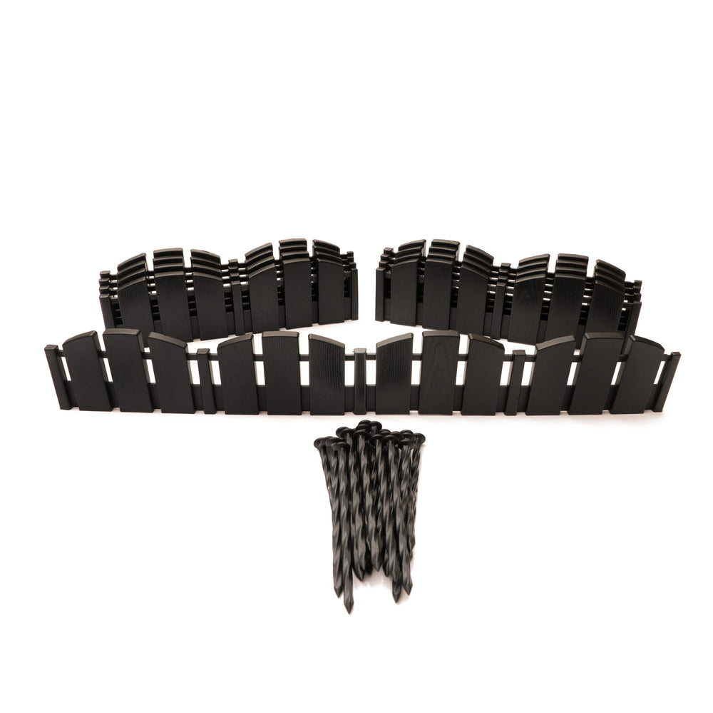 EasyFlex front view of black Adirondack edging kit showing panels and spikes, durable border