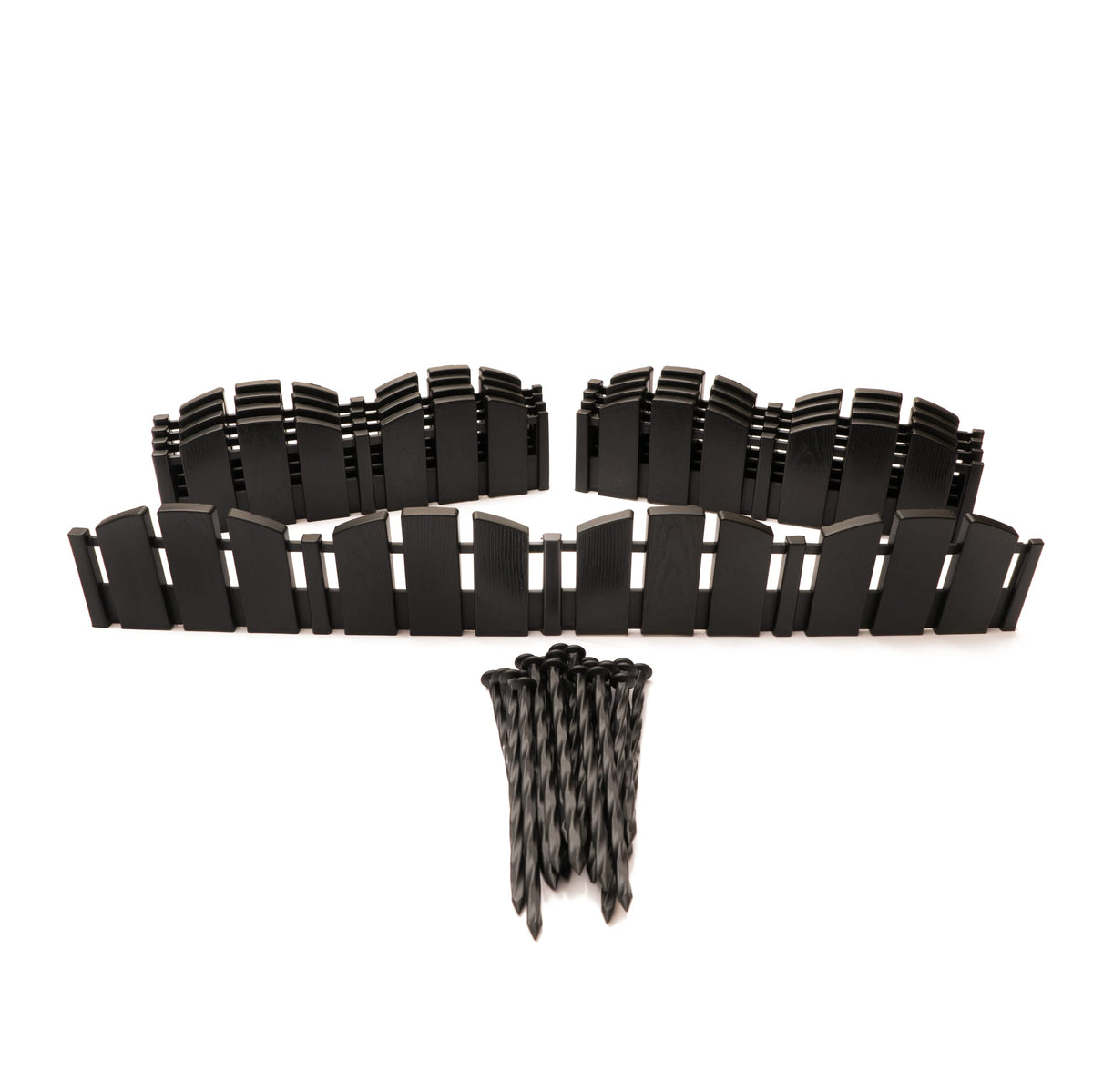 EasyFlex front view of black Adirondack edging kit showing panels and spikes, durable border