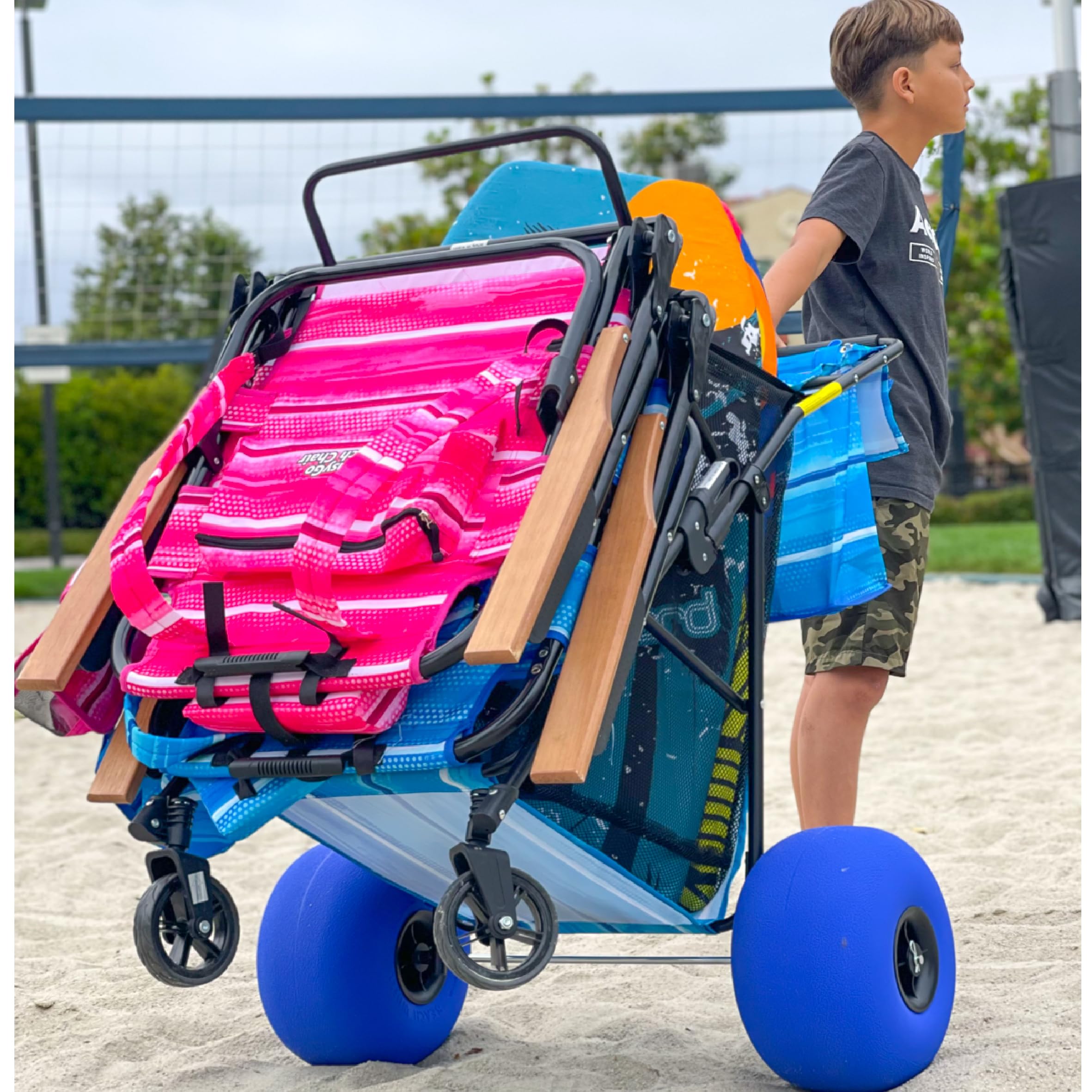 EASYGO PRODUCTS loaded cart carrying four chairs and cooler for effortless beach setup